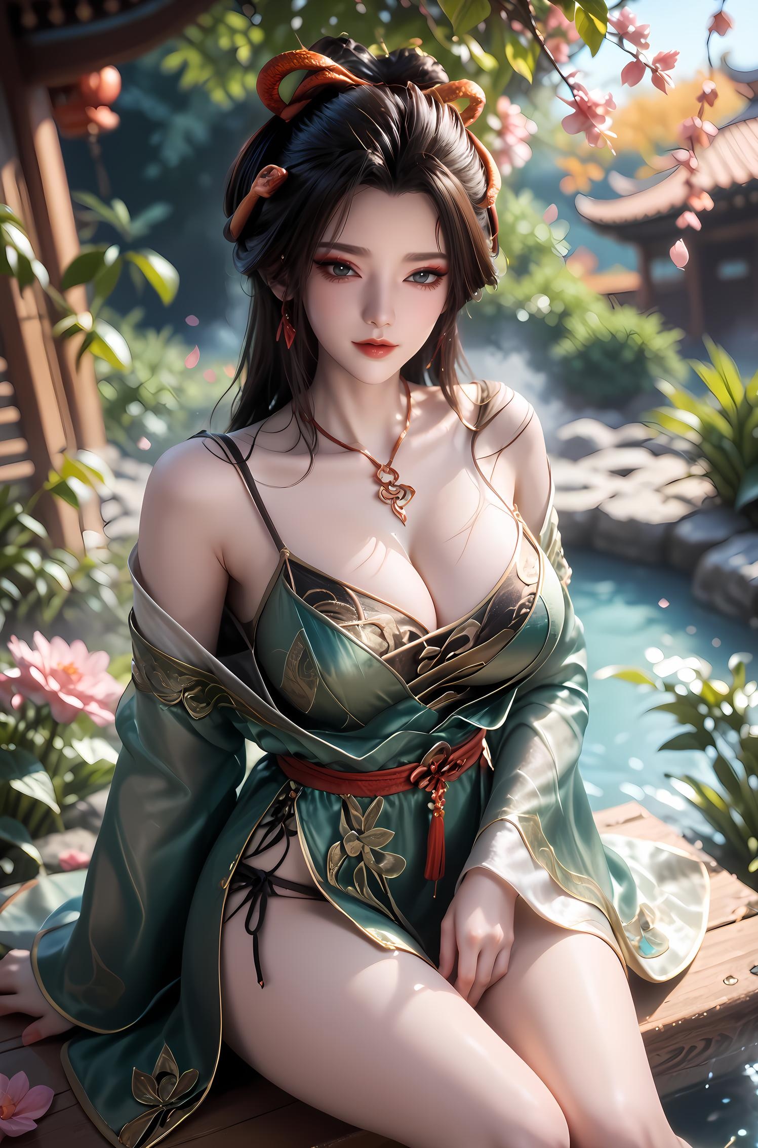 Cô Gái Anime Tạo Bởi AI - 牧神记 龙娇男: Váy Xanh Cổ Điển, Ngực Khỏa Thân, Mông Nổi Bật, 96P