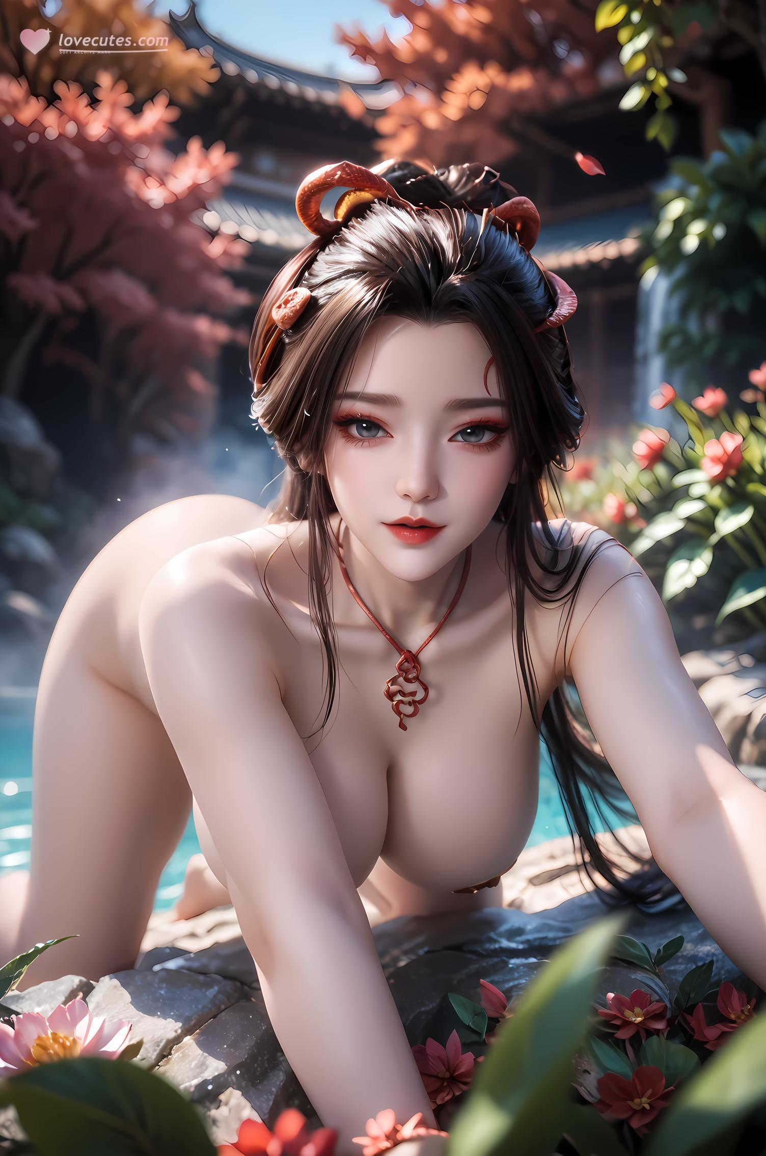 Cô Gái Anime Tạo Bởi AI - 牧神记 龙娇男: Váy Xanh Cổ Điển, Ngực Khỏa Thân, Mông Nổi Bật, 96P