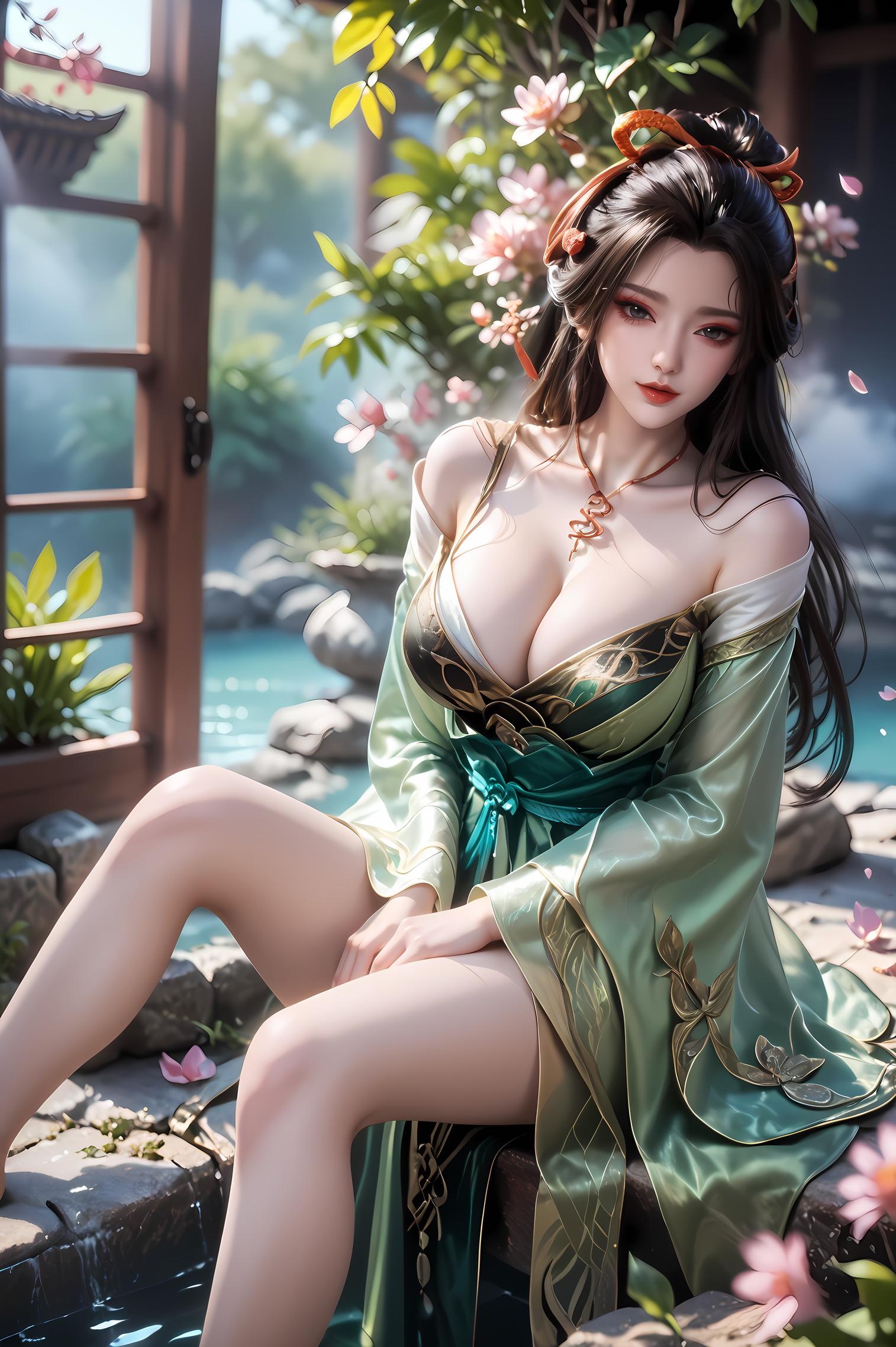 Cô Gái Anime Tạo Bởi AI - 牧神记 龙娇男: Váy Xanh Cổ Điển, Ngực Khỏa Thân, Mông Nổi Bật, 96P