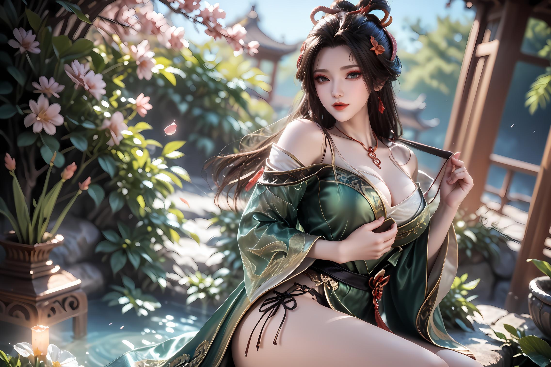 AI Generated Anime Girl -牧神记 Dragon Jiao Nan: Vintage Green Dress, Busty, Hot Springs, 96P