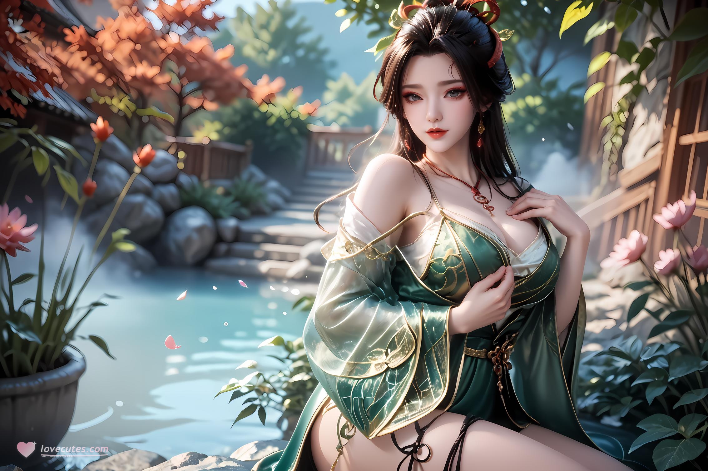 AI Generated Anime Girl -牧神记 Dragon Jiao Nan: Vintage Green Dress, Busty, Hot Springs, 96P
