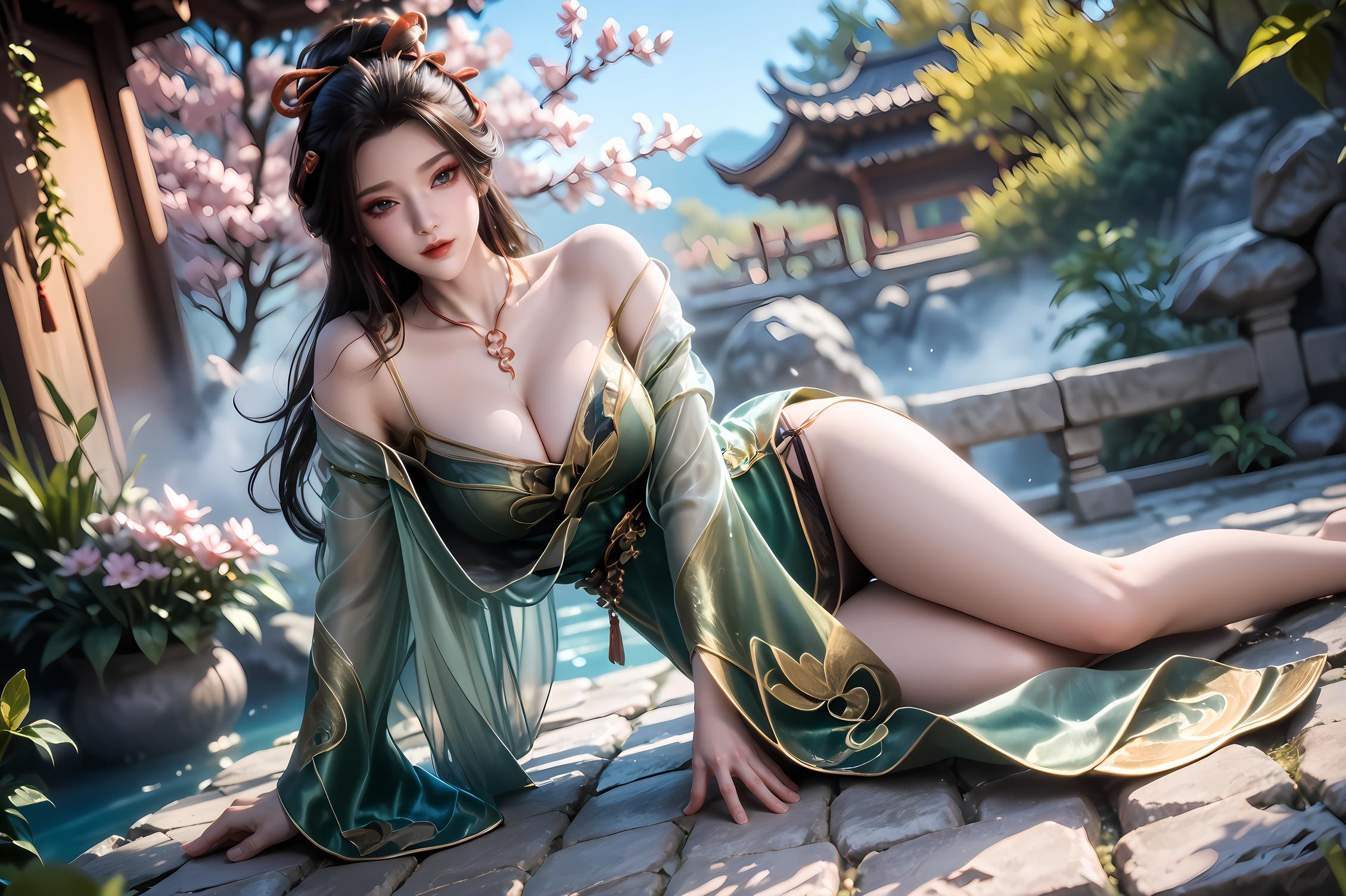 AI Generated Anime Girl -牧神记 Dragon Jiao Nan: Vintage Green Dress, Busty, Hot Springs, 96P