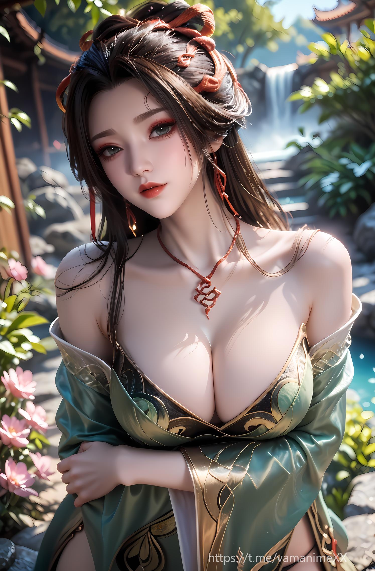 AI Generated Anime Girl -牧神记 Dragon Jiao Nan: Vintage Green Dress, Busty, Hot Springs, 96P