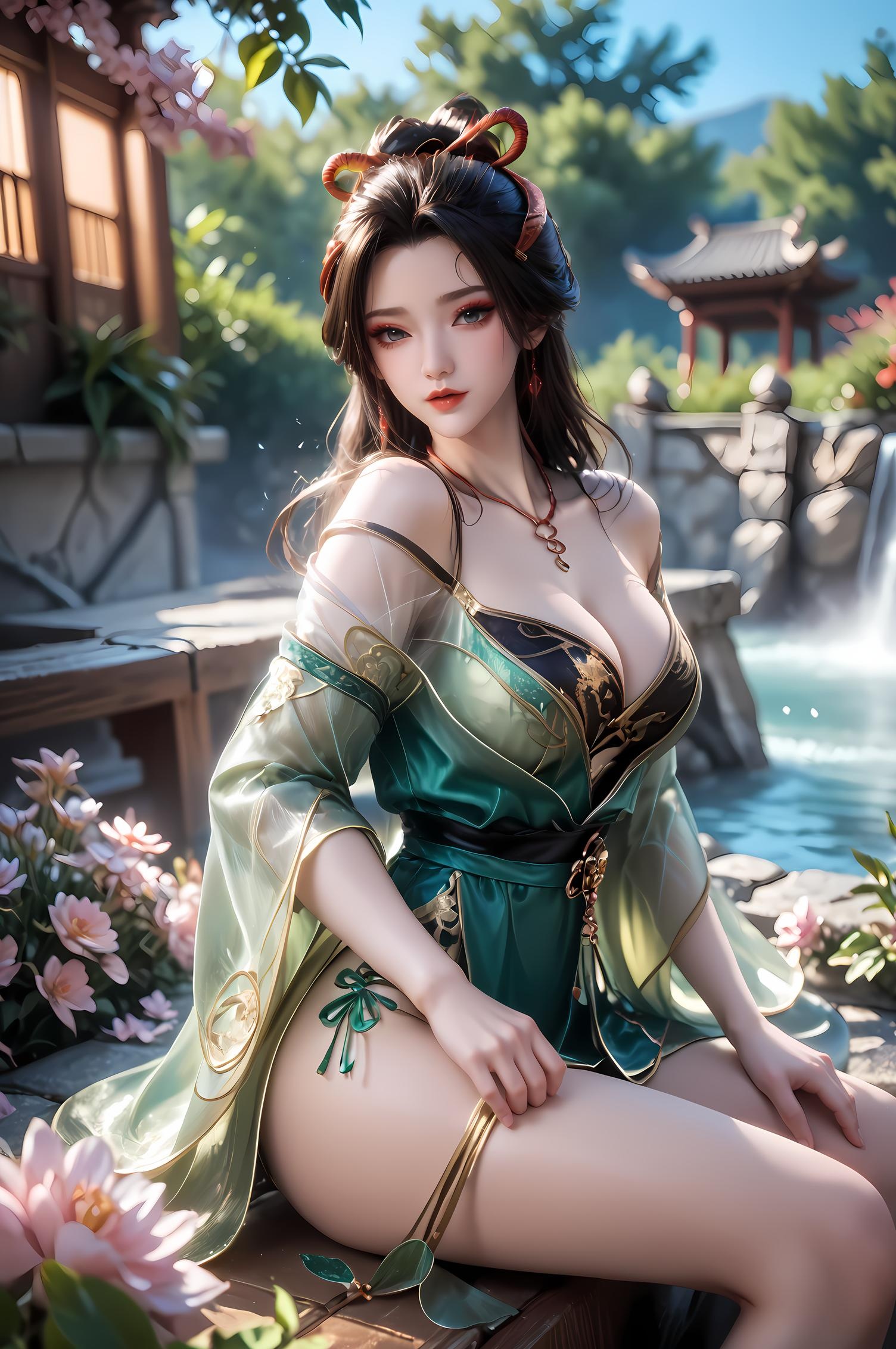 Cô Gái Anime Tạo Bởi AI - 牧神记 龙娇男: Váy Xanh Cổ Điển, Ngực Khỏa Thân, Mông Nổi Bật, 96P