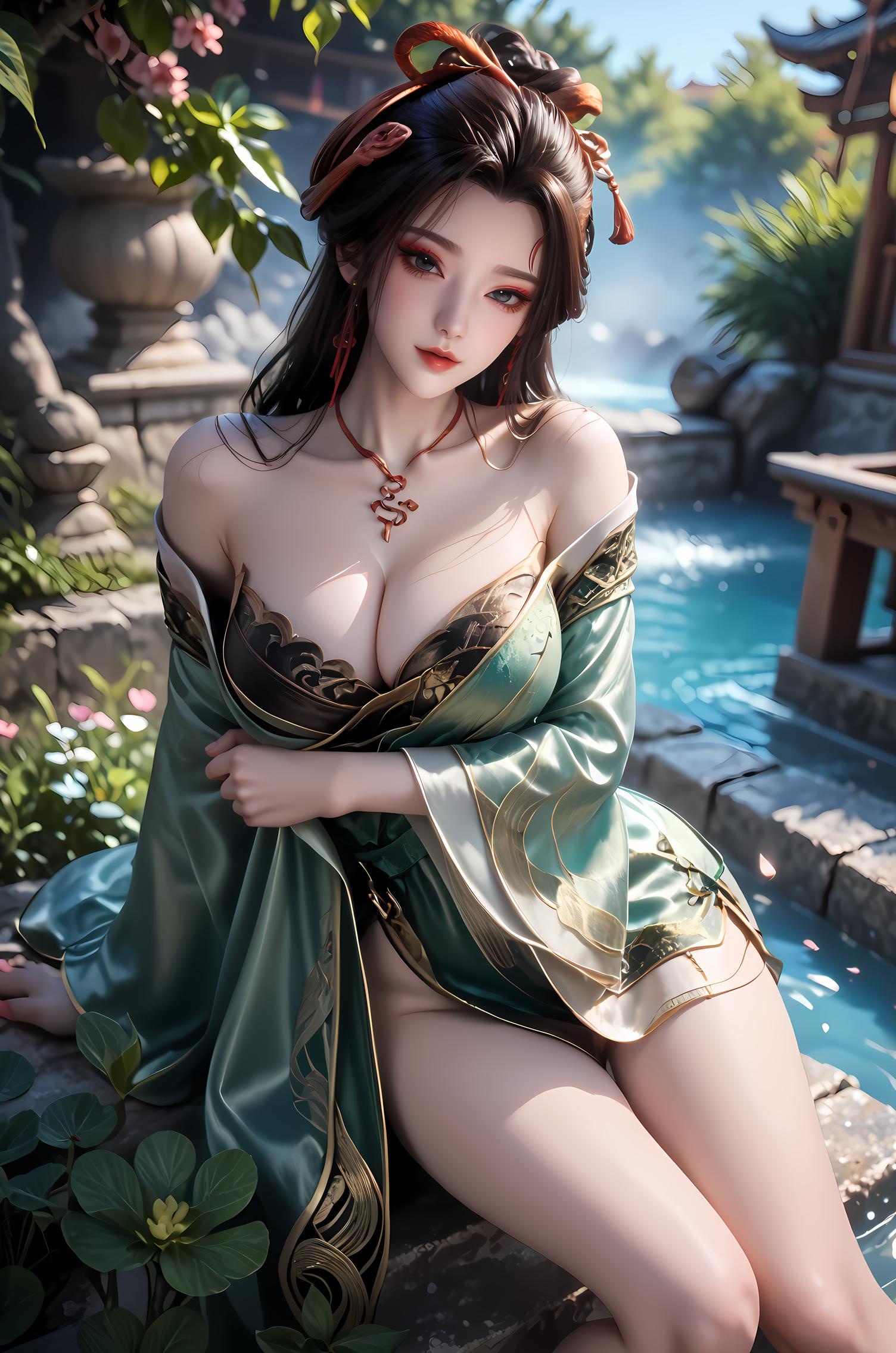 AI Generated Anime Girl - 牧神记 龙娇男：古风绿裙爆乳露点 温泉翘臀 96P