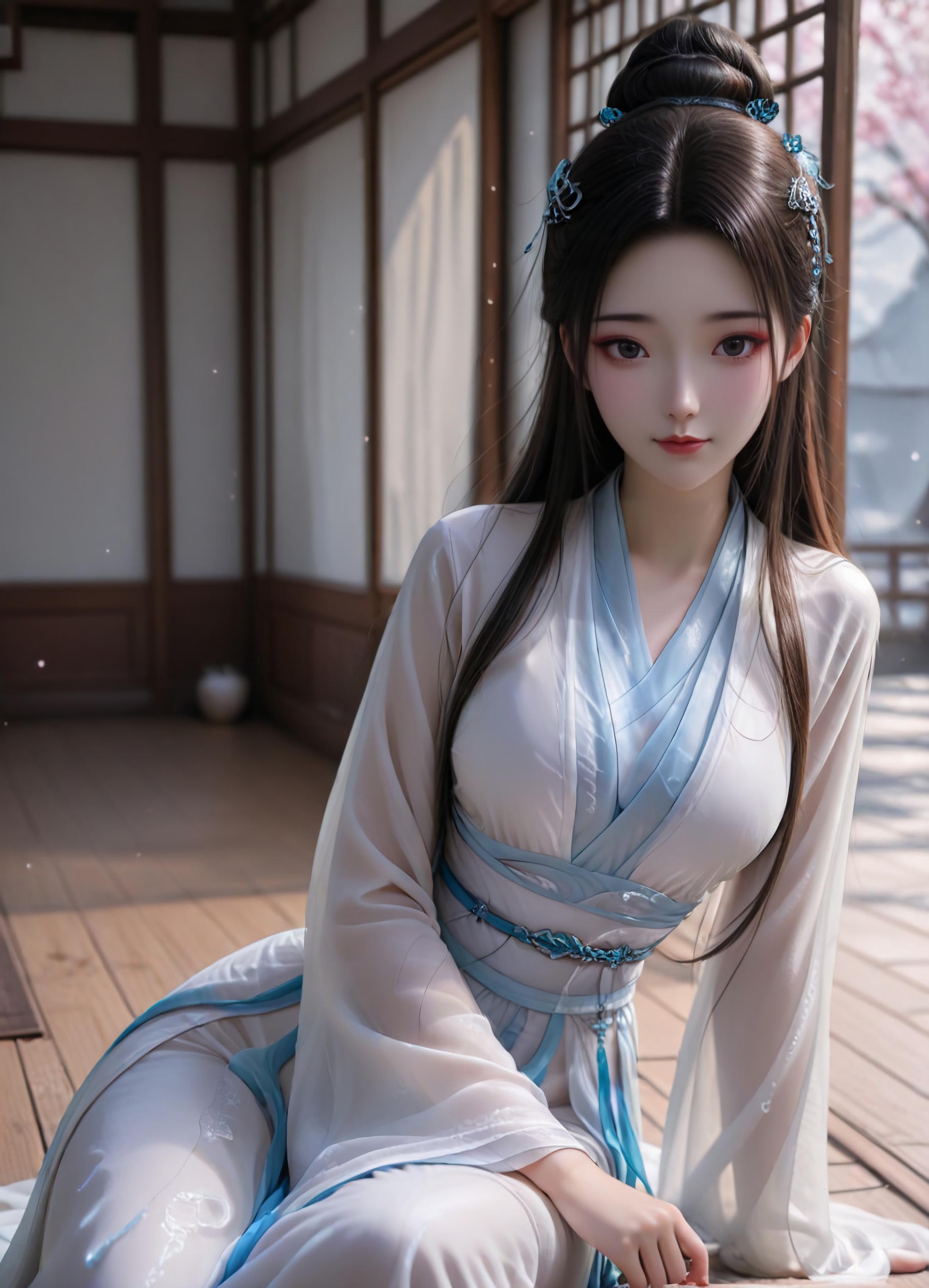 AI生成アニメ少女 - 白蛇 小白：粉髪緑裙巨乳露点 古風庭院 106P