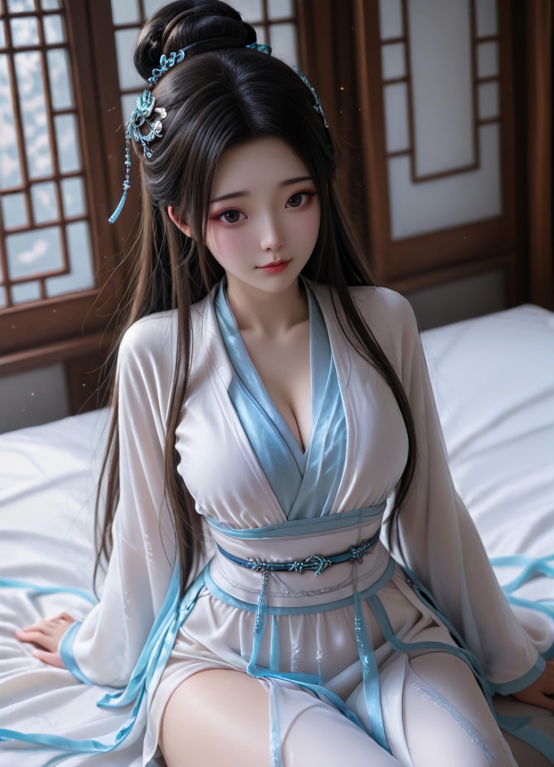 AI生成アニメ少女 - 白蛇 小白：粉髪緑裙巨乳露点 古風庭院 106P