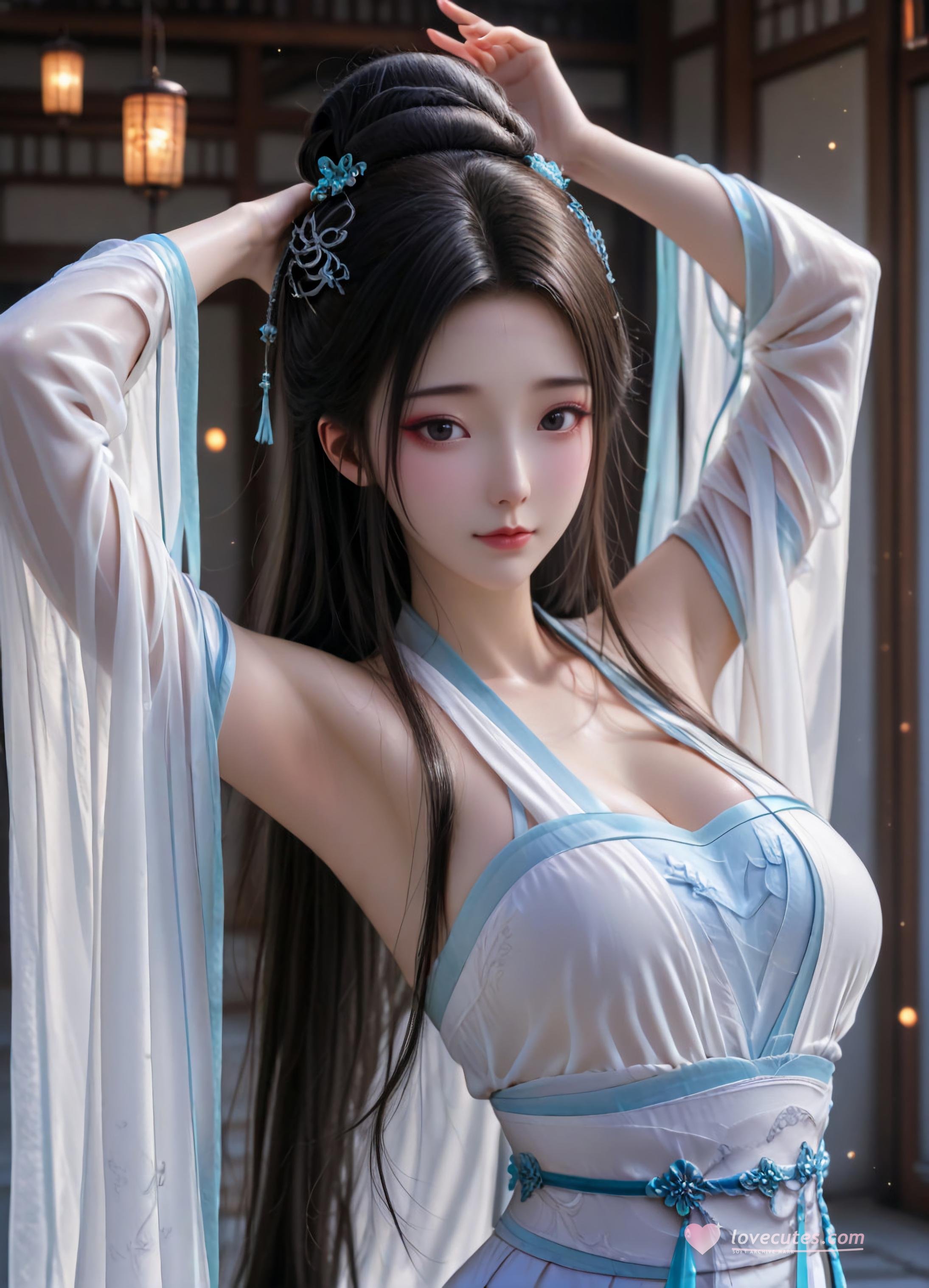 AI Generated Anime Girl - White Snake Xiaobai: Pink Hair, Green Dress, Busty, Revealing, Ancient Style Courtyard 106P