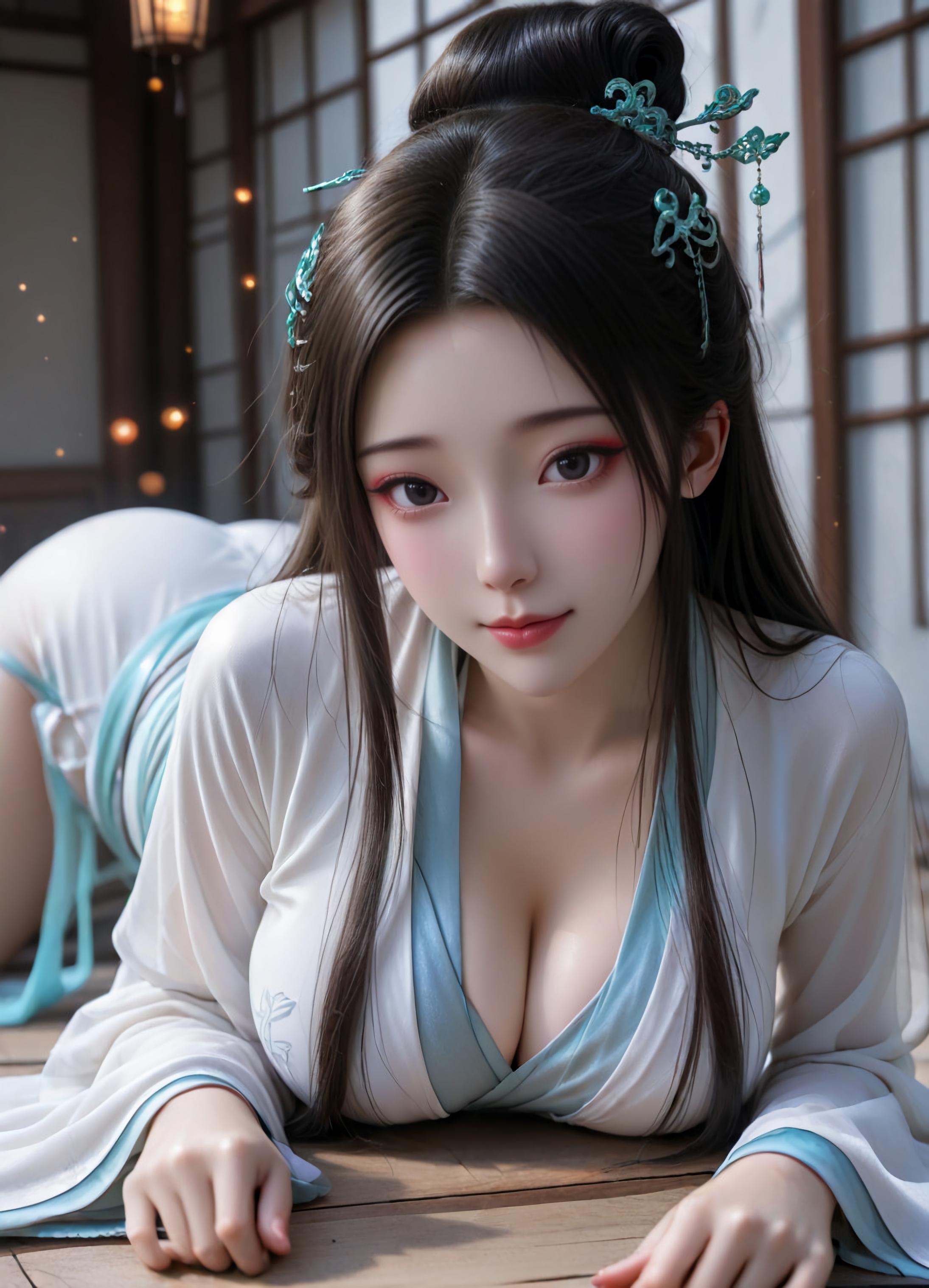 AI Generated Anime Girl - White Snake Xiaobai: Pink Hair, Green Dress, Busty, Revealing, Ancient Style Courtyard 106P