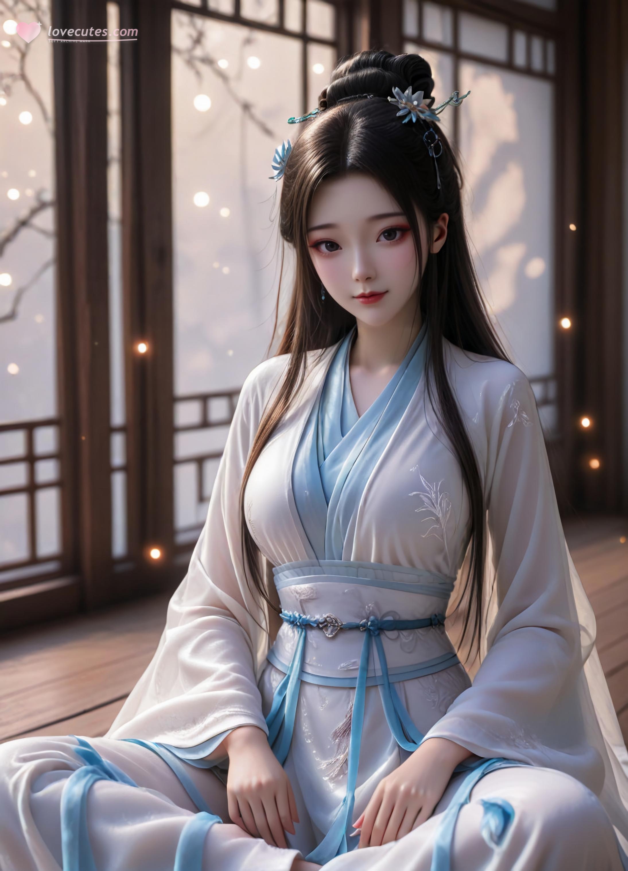 AI Generated Anime Girl - White Snake Xiaobai: Pink Hair, Green Dress, Busty, Revealing, Ancient Style Courtyard 106P