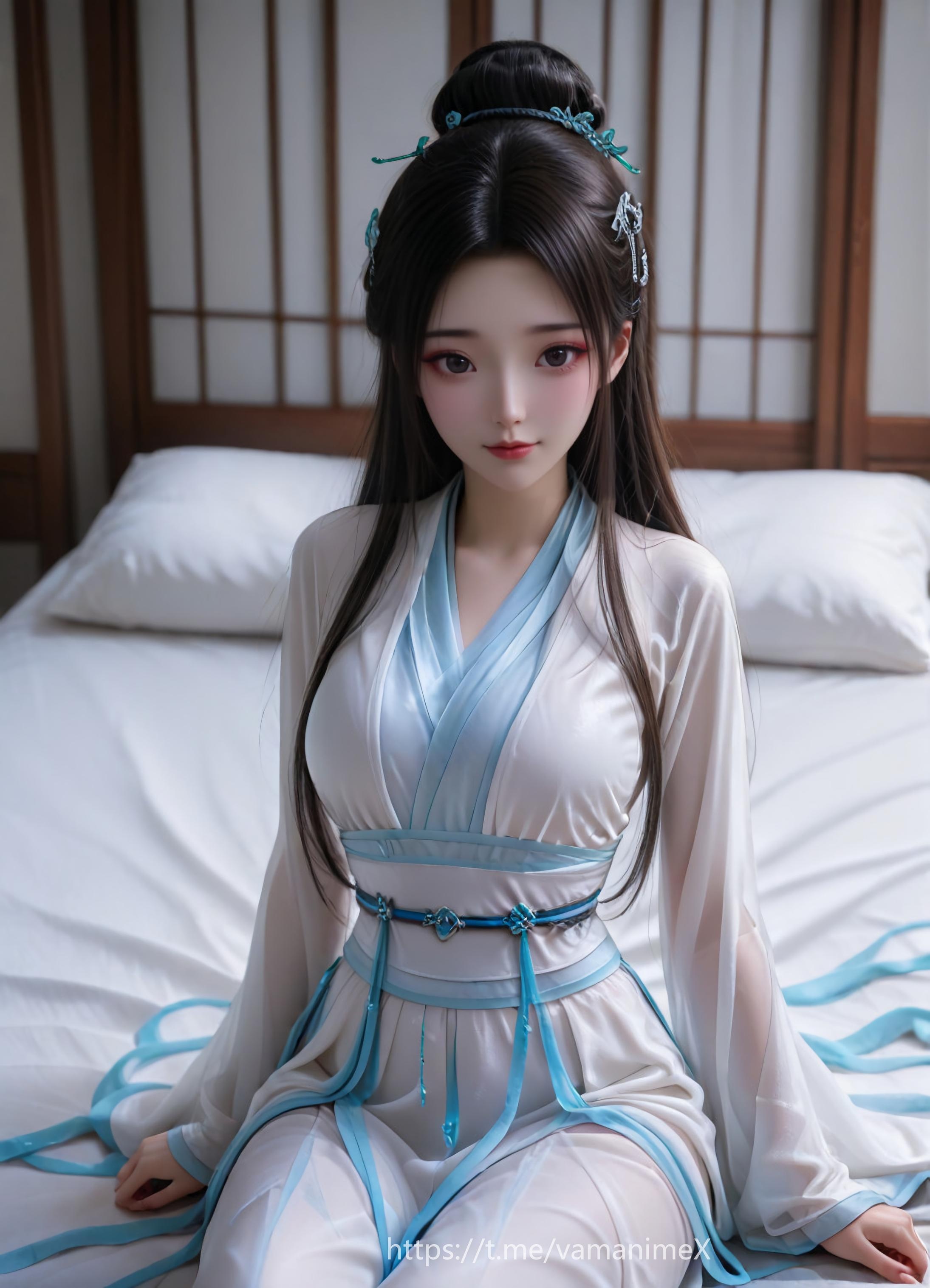 AI Generated Anime Girl - White Snake Xiaobai: Pink Hair, Green Dress, Busty, Revealing, Ancient Style Courtyard 106P