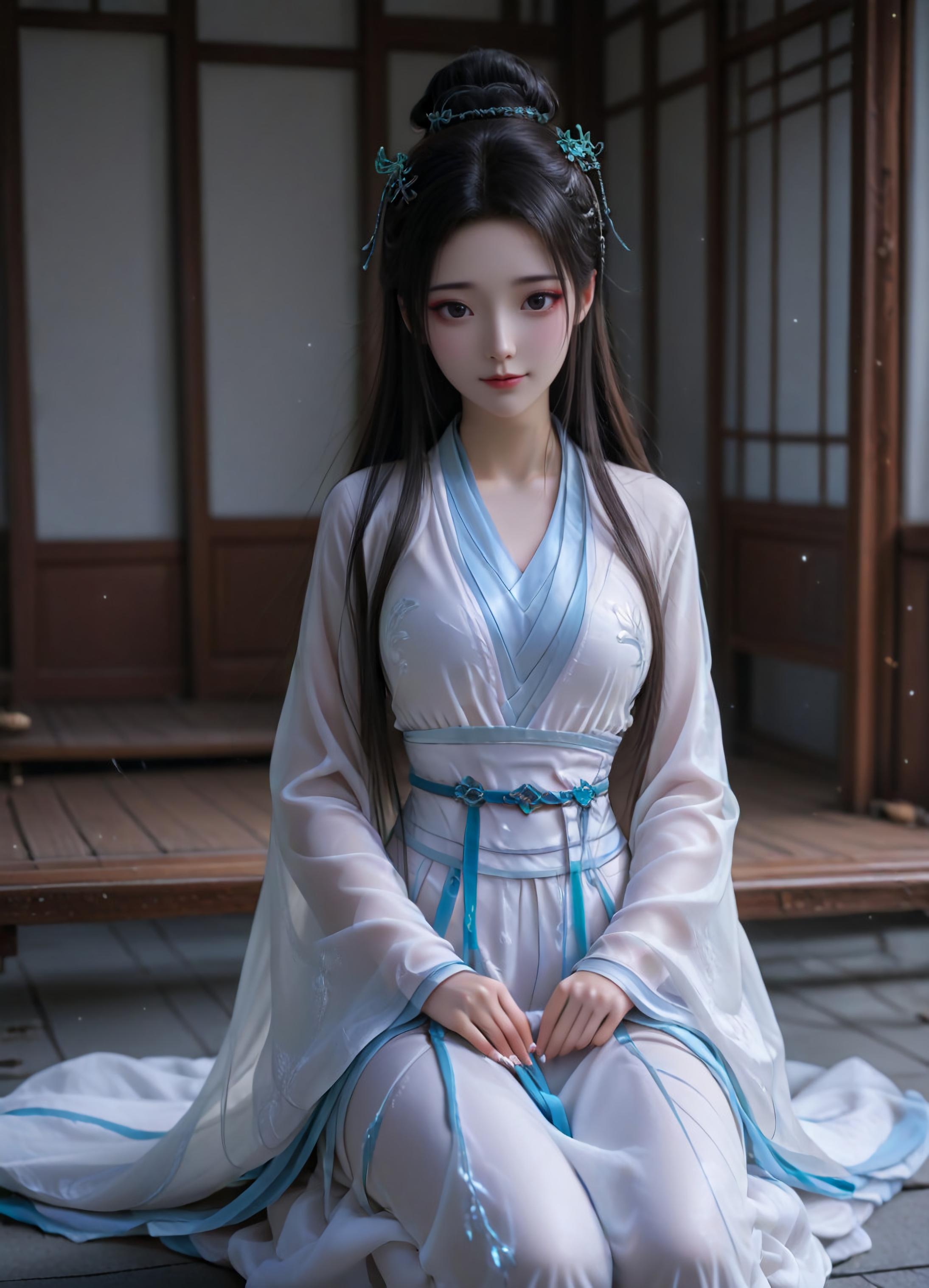 AI Generated Anime Girl - White Snake Xiaobai: Pink Hair, Green Dress, Busty, Revealing, Ancient Style Courtyard 106P