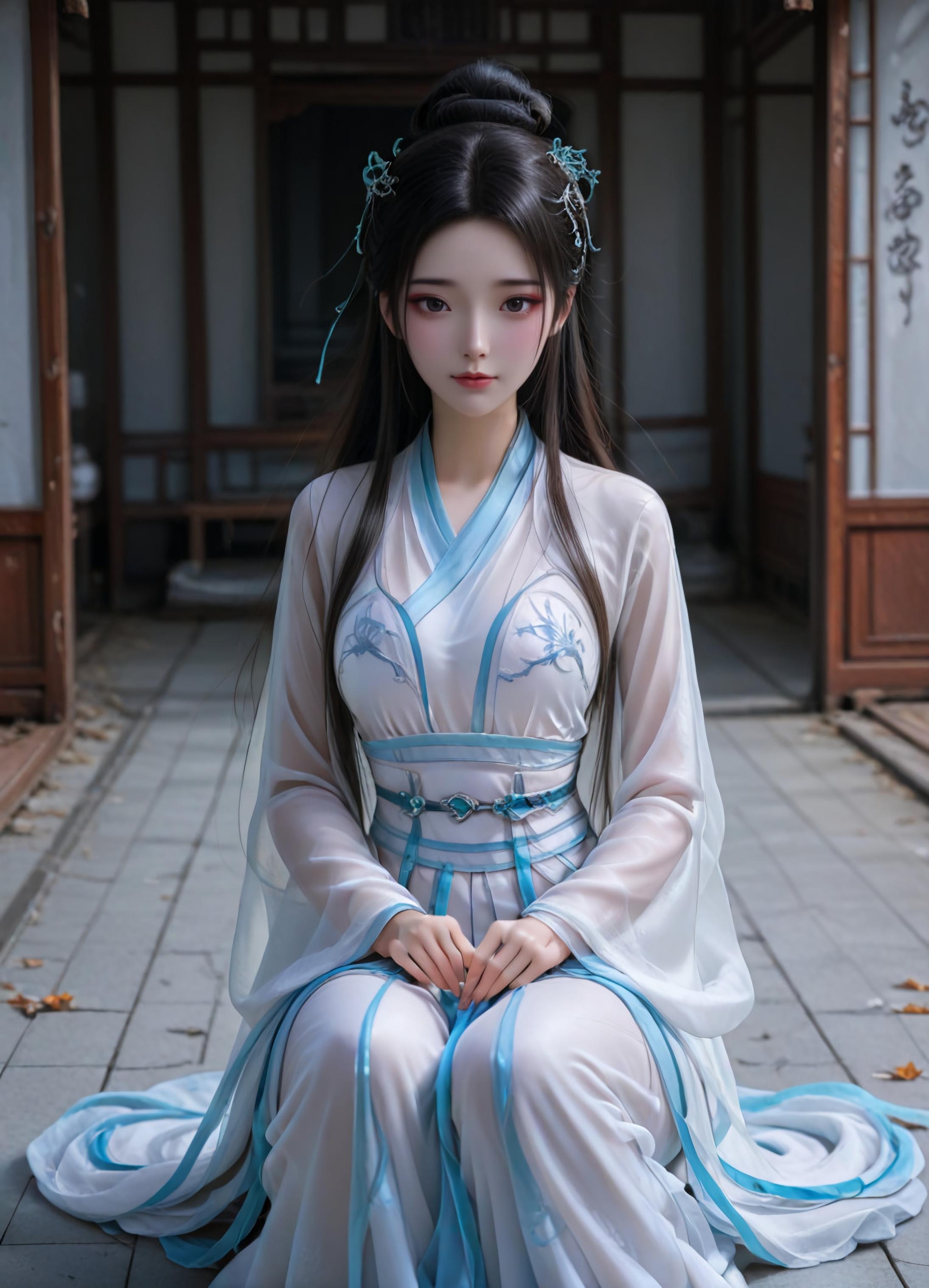 AI Generated Anime Girl - White Snake Xiaobai: Pink Hair, Green Dress, Busty, Revealing, Ancient Style Courtyard 106P