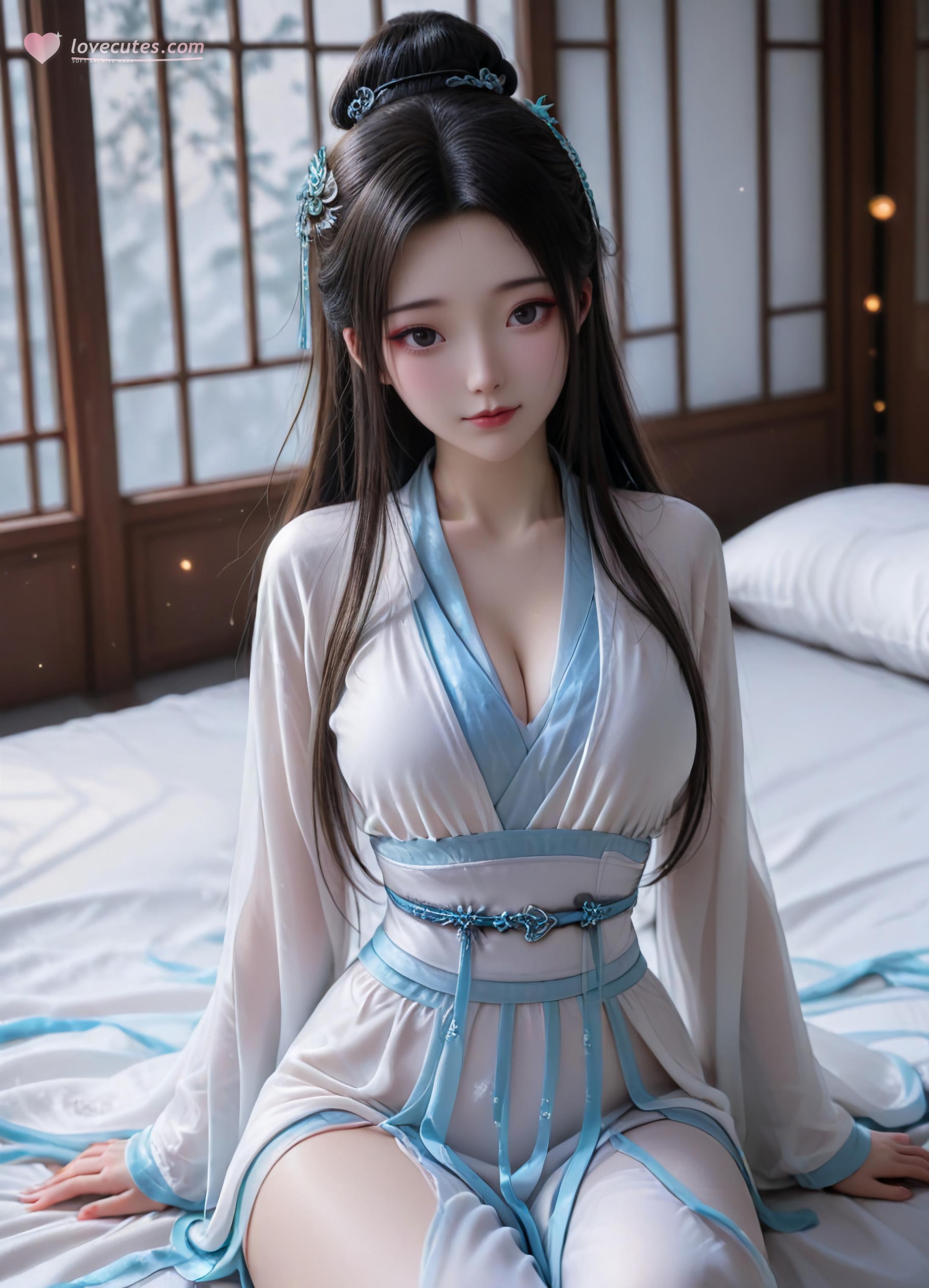 AI Generated Anime Girl - White Snake Xiaobai: Pink Hair, Green Dress, Busty, Revealing, Ancient Style Courtyard 106P