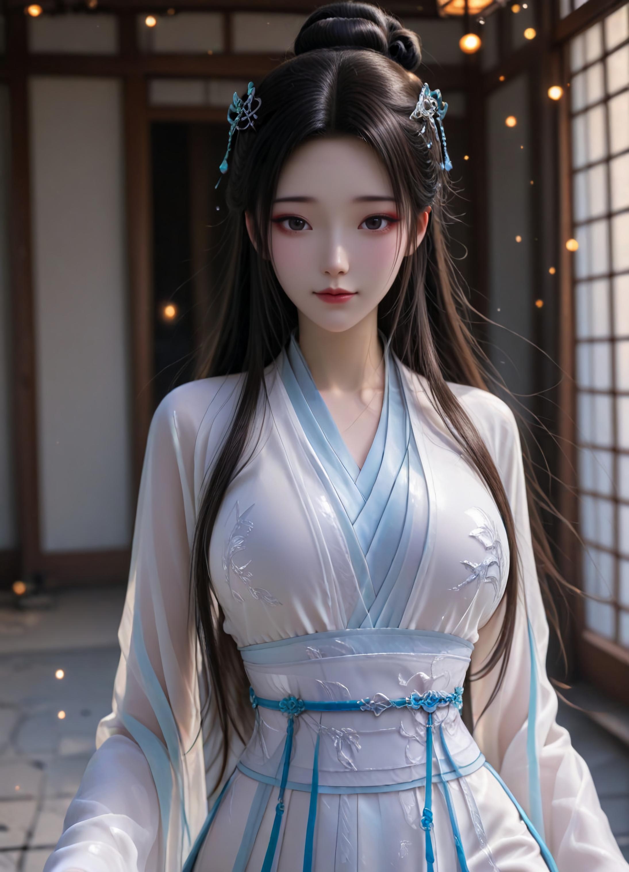 AI Generated Anime Girl - White Snake Xiaobai: Pink Hair, Green Dress, Busty, Revealing, Ancient Style Courtyard 106P