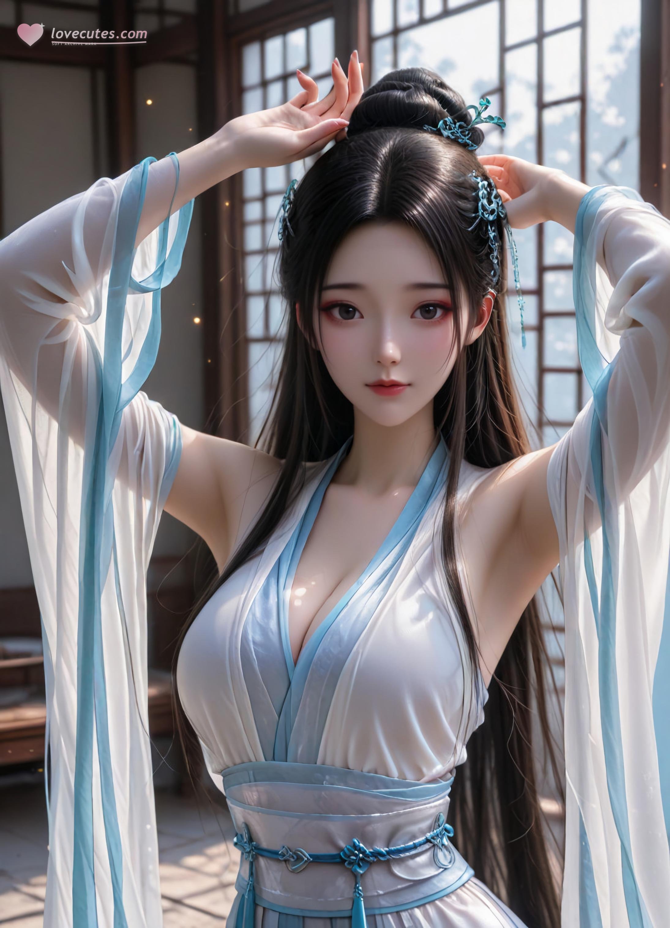 AI Generated Anime Girl - White Snake Xiaobai: Pink Hair, Green Dress, Busty, Revealing, Ancient Style Courtyard 106P