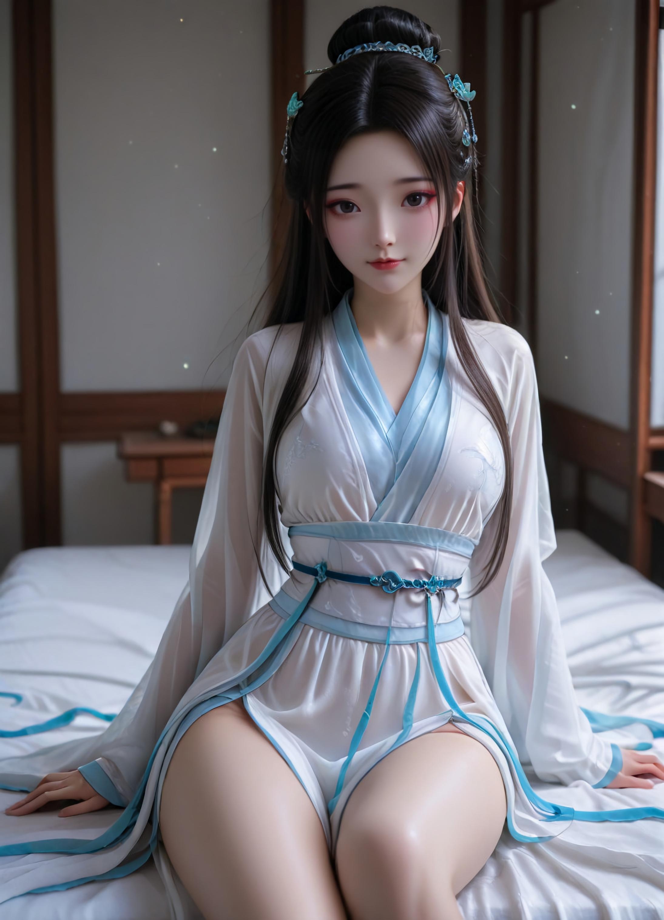AI生成アニメ少女 - 白蛇 小白：粉髪緑裙巨乳露点 古風庭院 106P