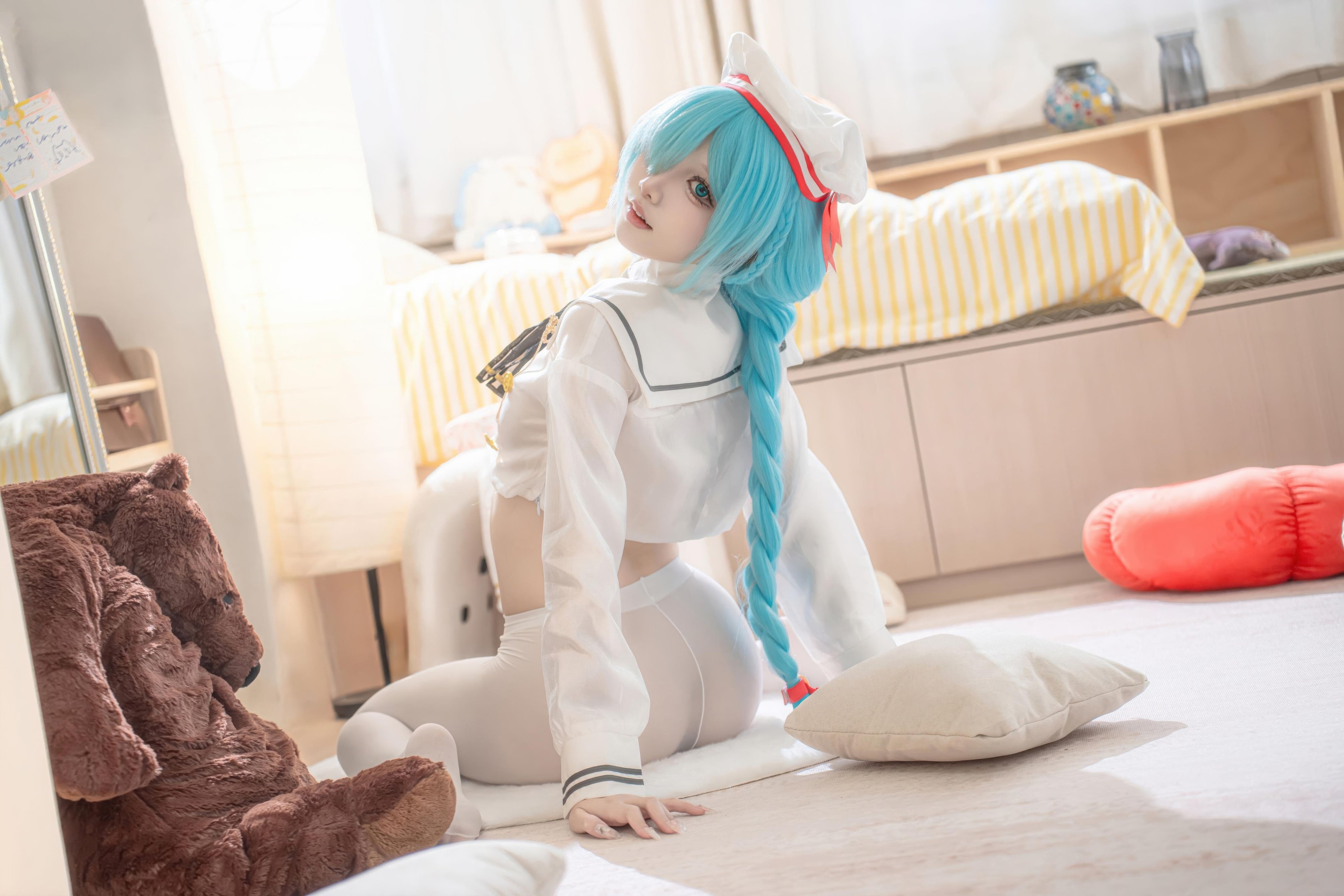 【コスプレ】紙悦Etsu_ko - 碧蓝航线 雅努スJK：白いストッキングのセーラー服、青髪ロングブレイド、甘系再現 58P