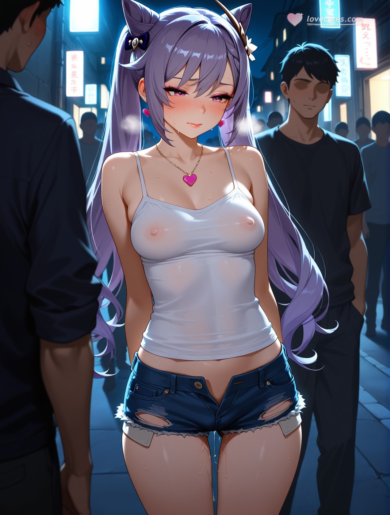AI生成アニメ少女 - 原神 刻晴の街角：白いタンクトップとショートパンツの巨乳露出 道具158P