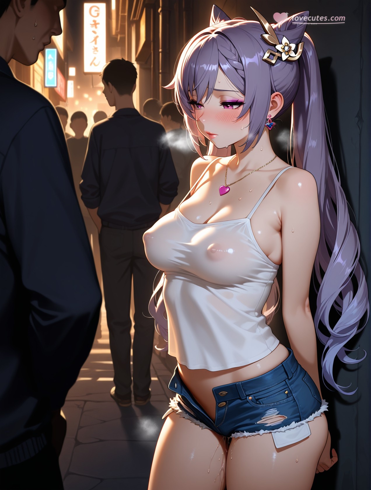 AI生成アニメ少女 - 原神 刻晴の街角：白いタンクトップとショートパンツの巨乳露出 道具158P