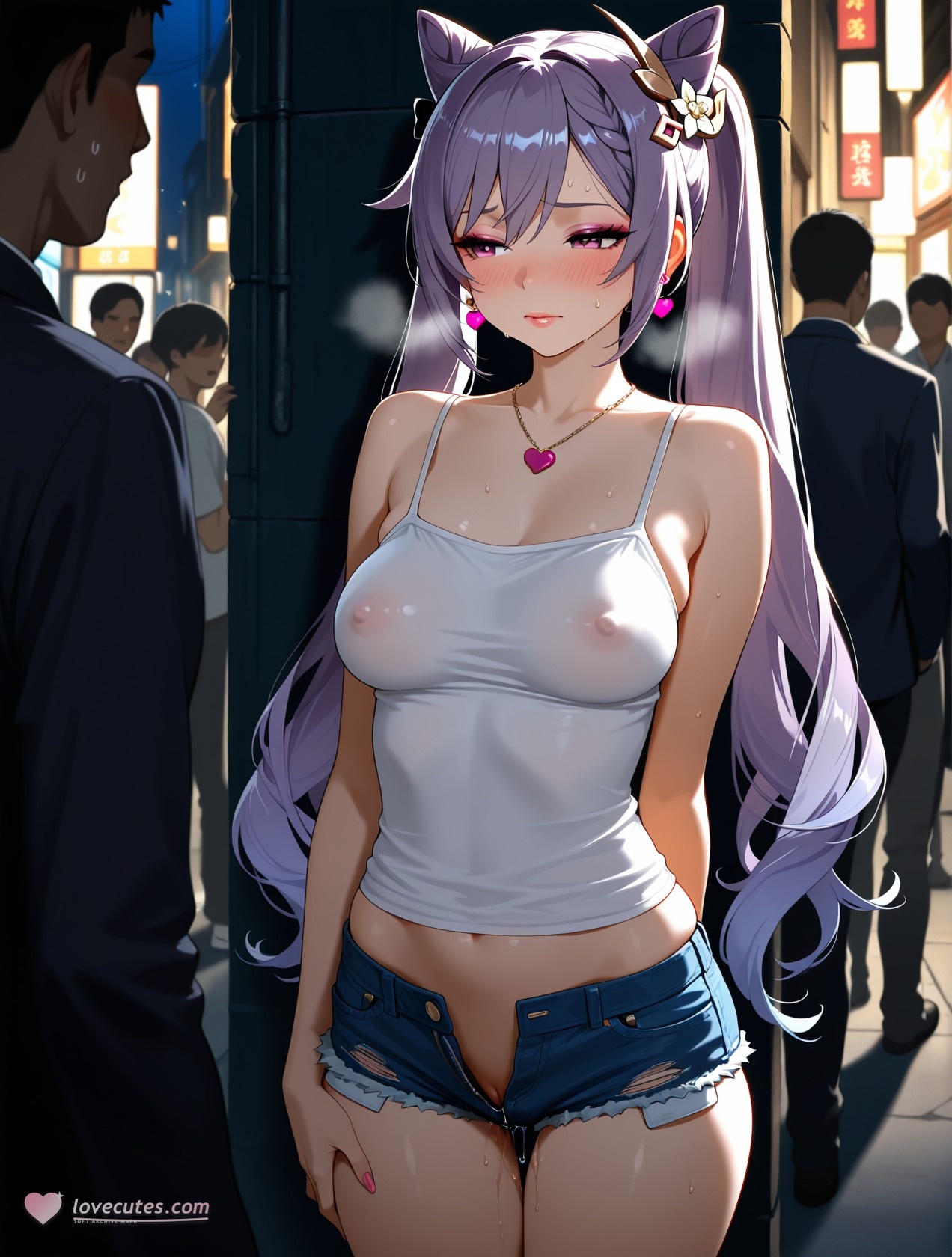 AI生成アニメ少女 - 原神 刻晴の街角：白いタンクトップとショートパンツの巨乳露出 道具158P