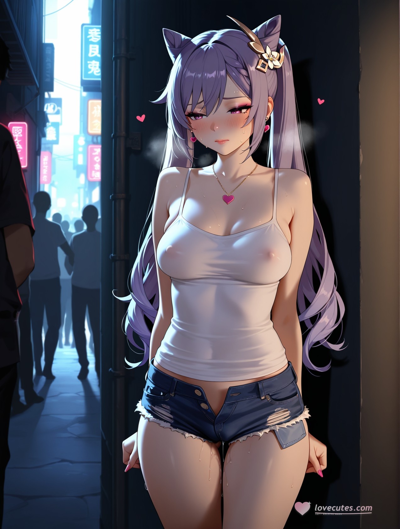 Cô Gái Anime Tạo Bởi AI - 原神 刻晴站街：Áo Sơ Mi Trắng Quần Đùi Nóng Bỏng, Ngực Khủng, Đạo Cụ Cửa Ra 158P
