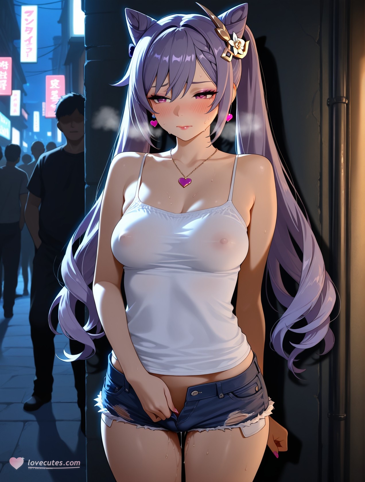 AI生成アニメ少女 - 原神 刻晴の街角：白いタンクトップとショートパンツの巨乳露出 道具158P