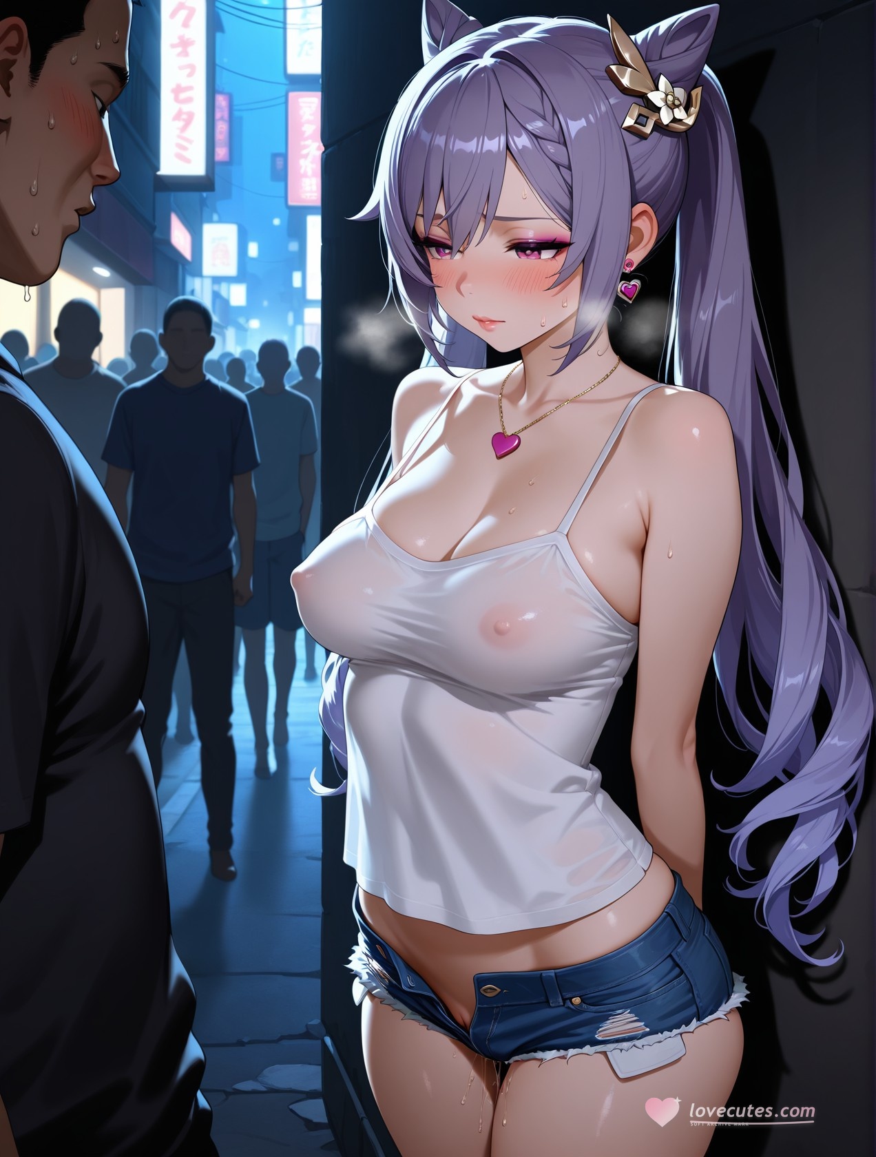 AI生成アニメ少女 - 原神 刻晴の街角：白いタンクトップとショートパンツの巨乳露出 道具158P