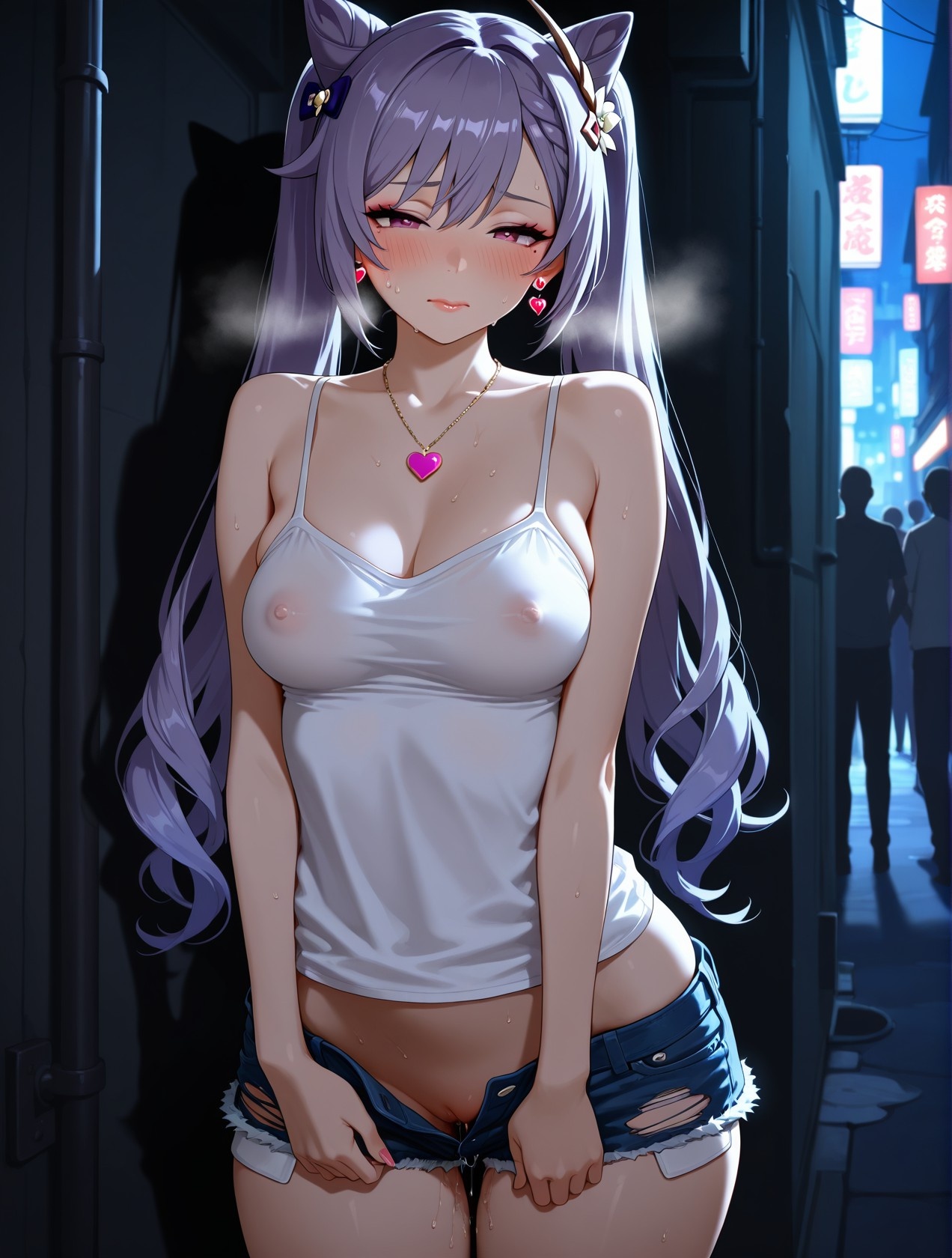 AI生成アニメ少女 - 原神 刻晴の街角：白いタンクトップとショートパンツの巨乳露出 道具158P