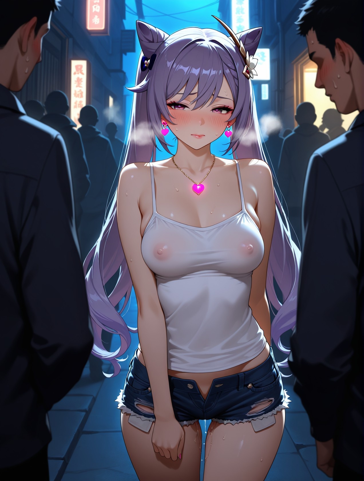 AI生成アニメ少女 - 原神 刻晴の街角：白いタンクトップとショートパンツの巨乳露出 道具158P
