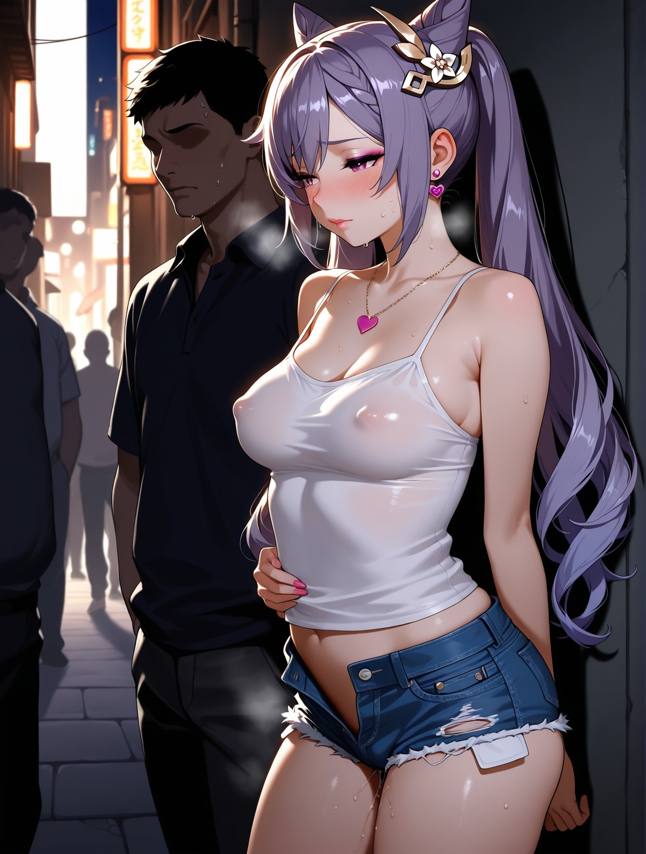 AI生成アニメ少女 - 原神 刻晴の街角：白いタンクトップとショートパンツの巨乳露出 道具158P