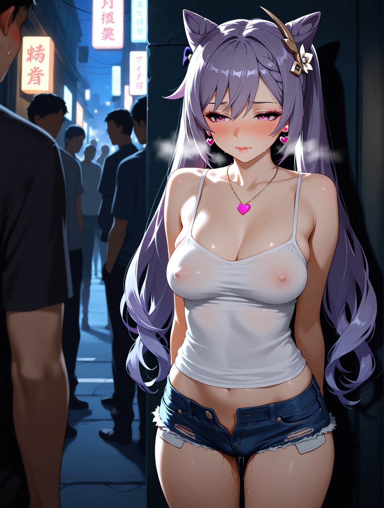 AI生成アニメ少女 - 原神 刻晴の街角：白いタンクトップとショートパンツの巨乳露出 道具158P