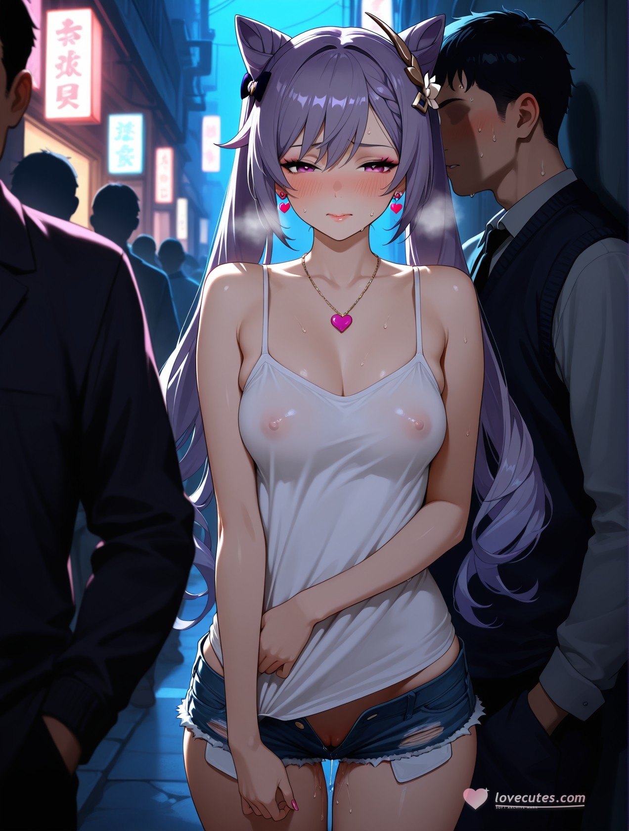 AI生成アニメ少女 - 原神 刻晴の街角：白いタンクトップとショートパンツの巨乳露出 道具158P