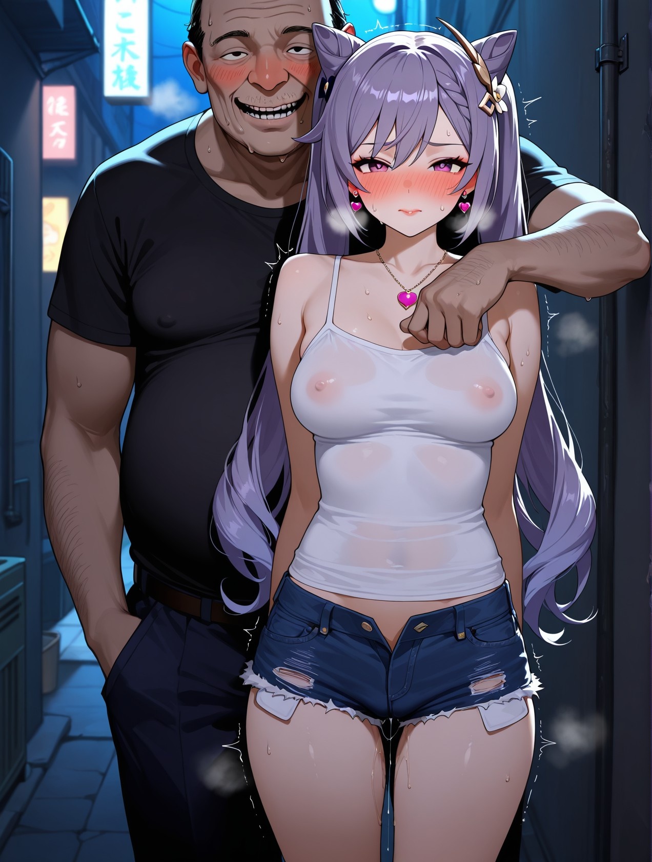 Cô Gái Anime Tạo Bởi AI - 原神 刻晴站街：Áo Sơ Mi Trắng Quần Đùi Nóng Bỏng, Ngực Khủng, Đạo Cụ Cửa Ra 158P