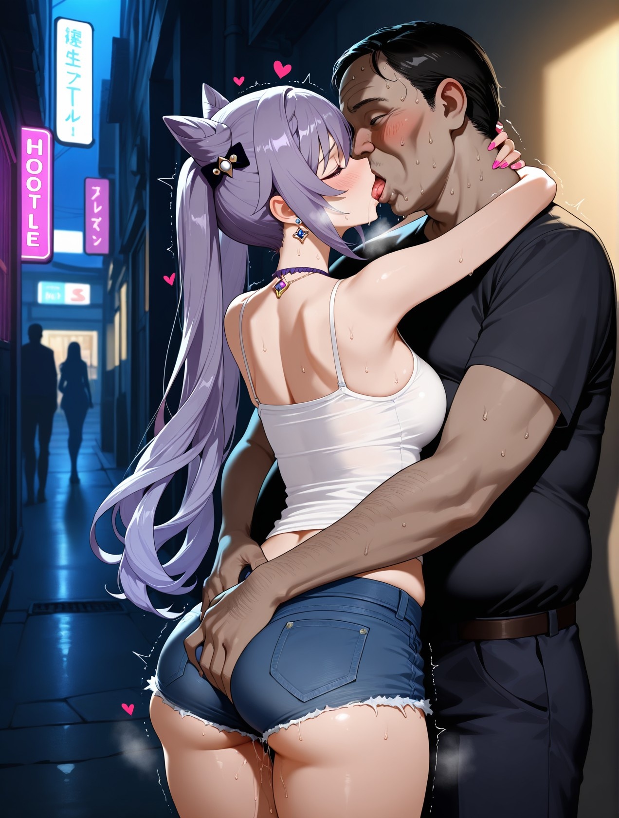 AI生成アニメ少女 - 原神 刻晴の街角：白いタンクトップとショートパンツの巨乳露出 道具158P
