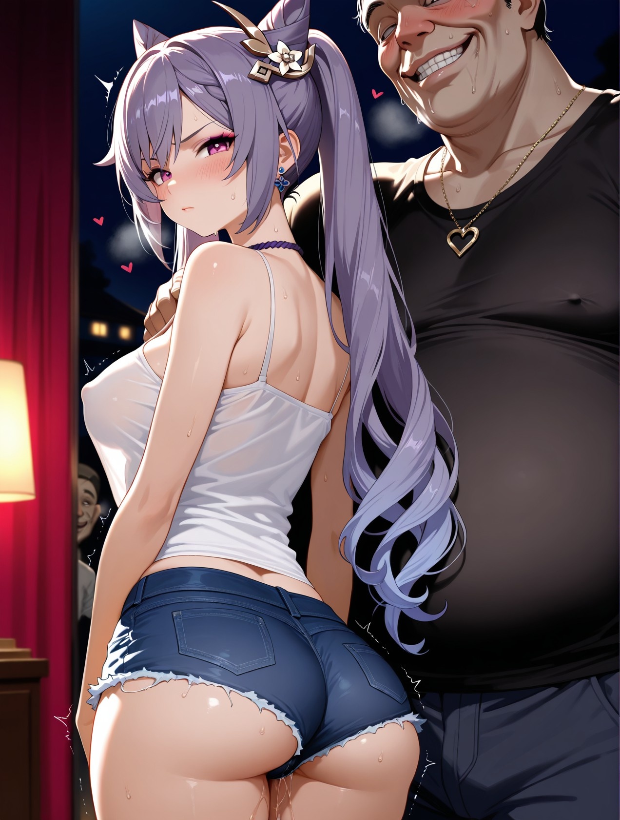 AI生成アニメ少女 - 原神 刻晴の街角：白いタンクトップとショートパンツの巨乳露出 道具158P