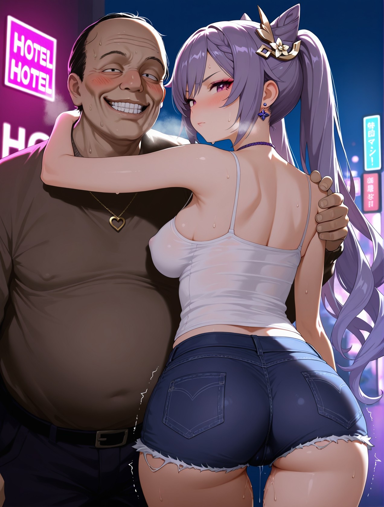 AI生成アニメ少女 - 原神 刻晴の街角：白いタンクトップとショートパンツの巨乳露出 道具158P