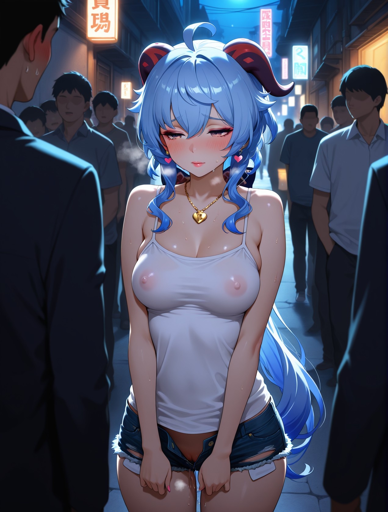 AI Generated Anime Girl - Genshin Impact Ganyu Street Style: White Tank Top, Hot Pants, Curvy Figure, Teasing Props 89P