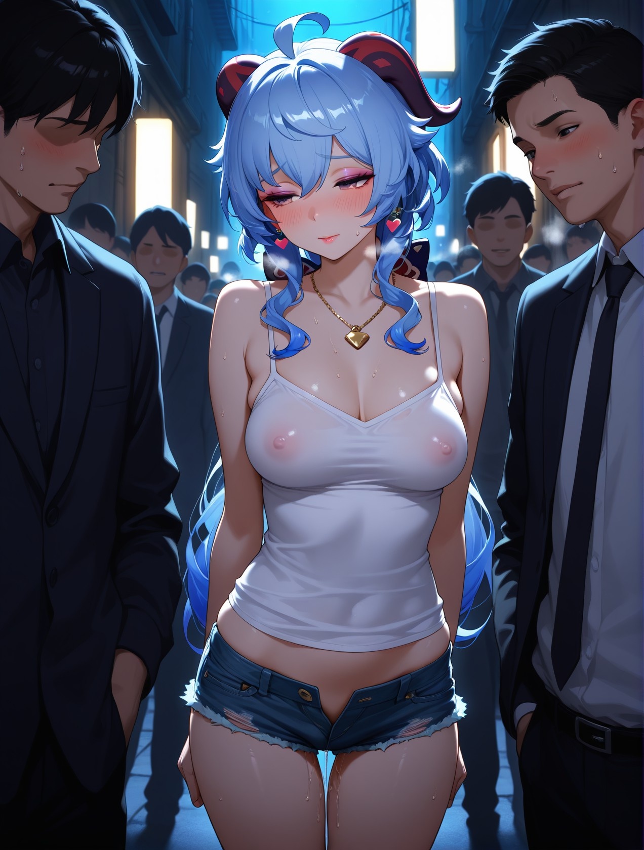 AI Generated Anime Girl - Genshin Impact Ganyu Street Style: White Tank Top, Hot Pants, Curvy Figure, Teasing Props 89P
