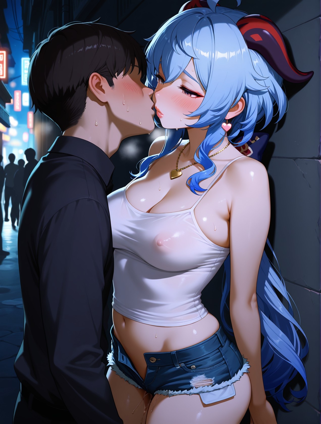 'Nhân vật Anime Tạo Bởi AI - Genshin Impact: Ganyu Đứng Đường - Áo Sơ Mi Trắng, Quần Ngắn, Ngực Khủng, Mông Cong, Đạo Cụ Khiêu Gợi 89P'