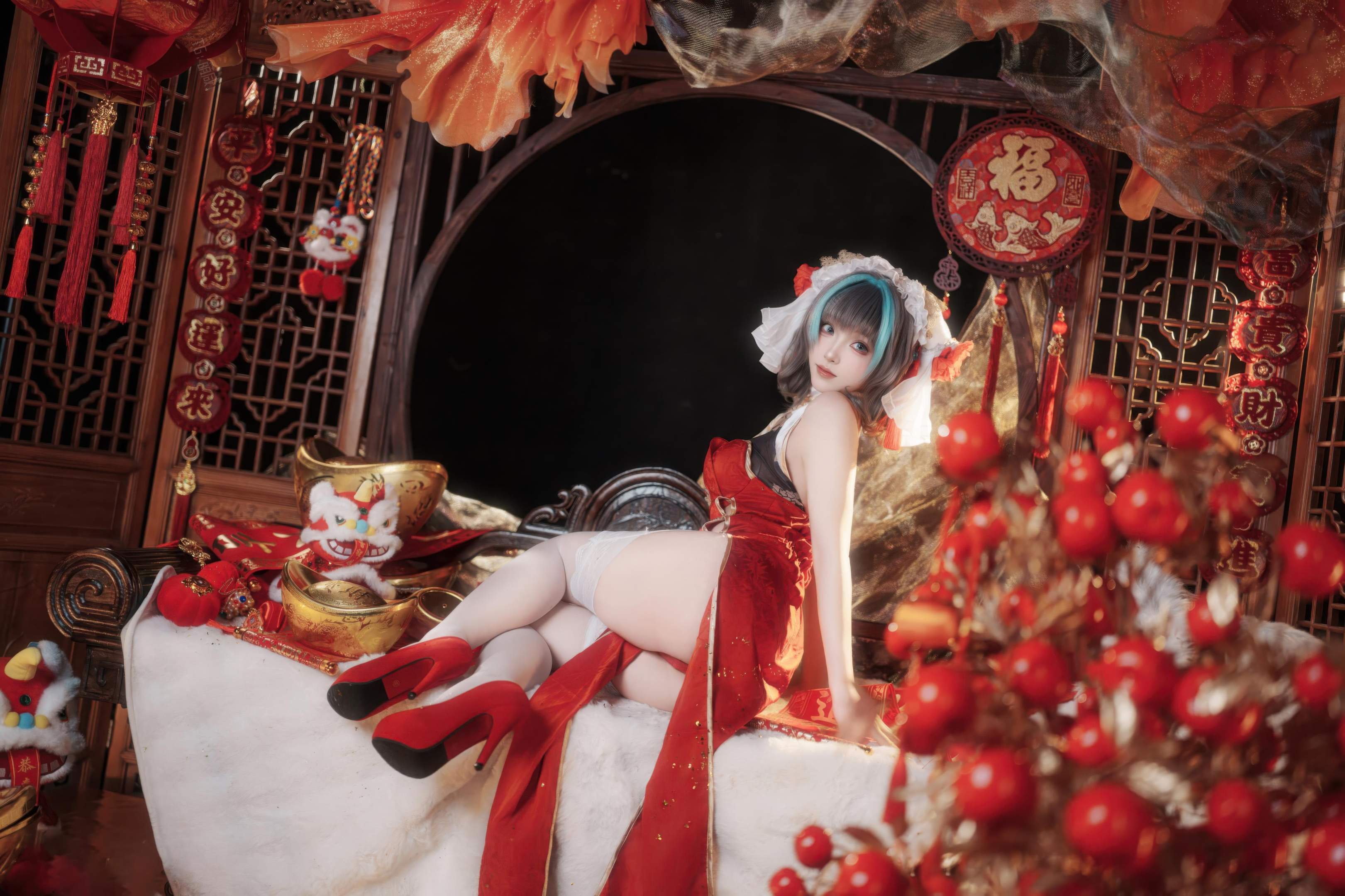 [cosplay] Bangni邦尼 - 碧藍航線 柴郡 新春：紅色旗袍白絲 露穴露臀還原 66P7V