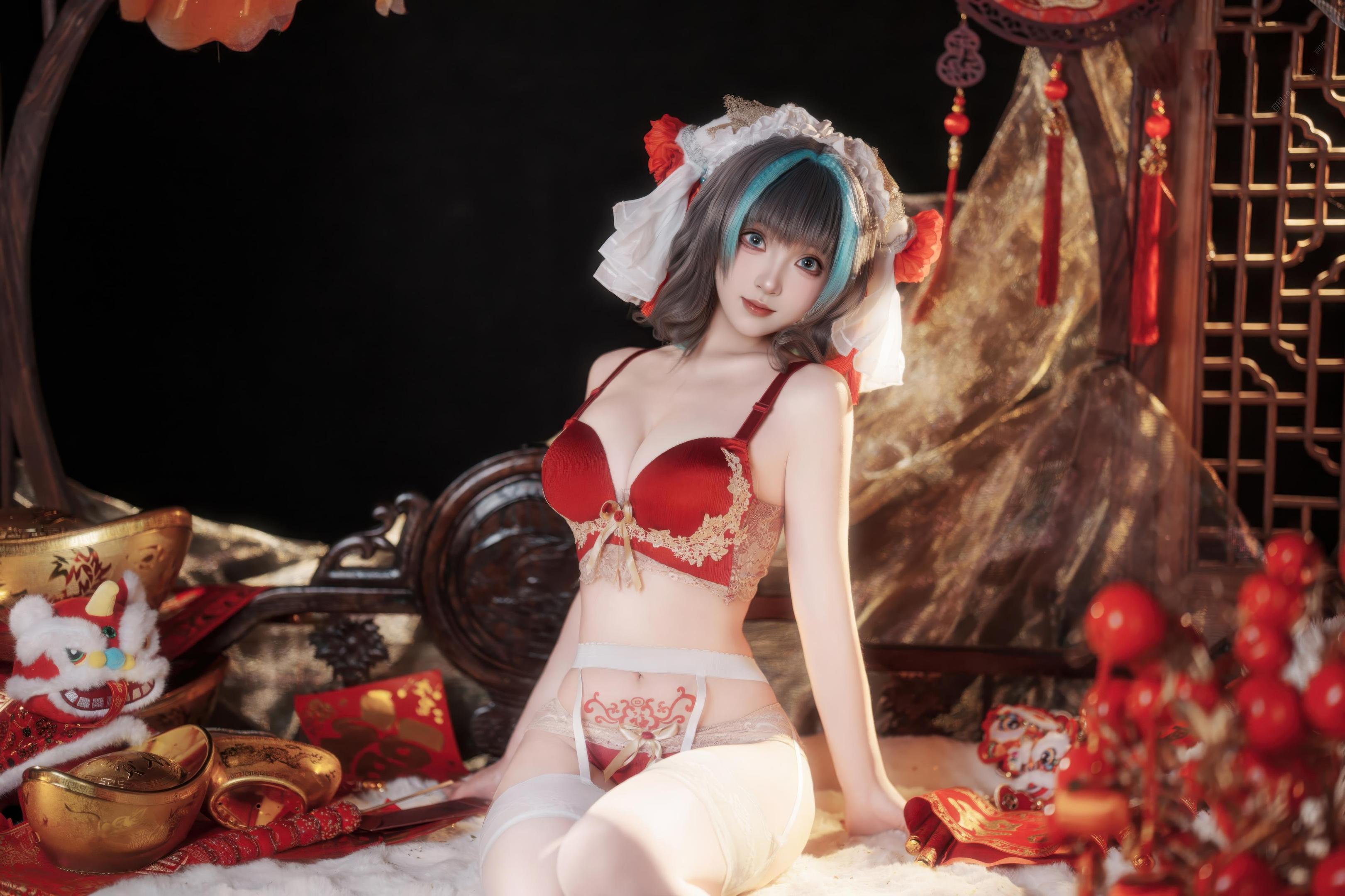 [cosplay] Bangni邦尼 - 碧藍航線 柴郡 新春：紅色旗袍白絲 露穴露臀還原 66P7V
