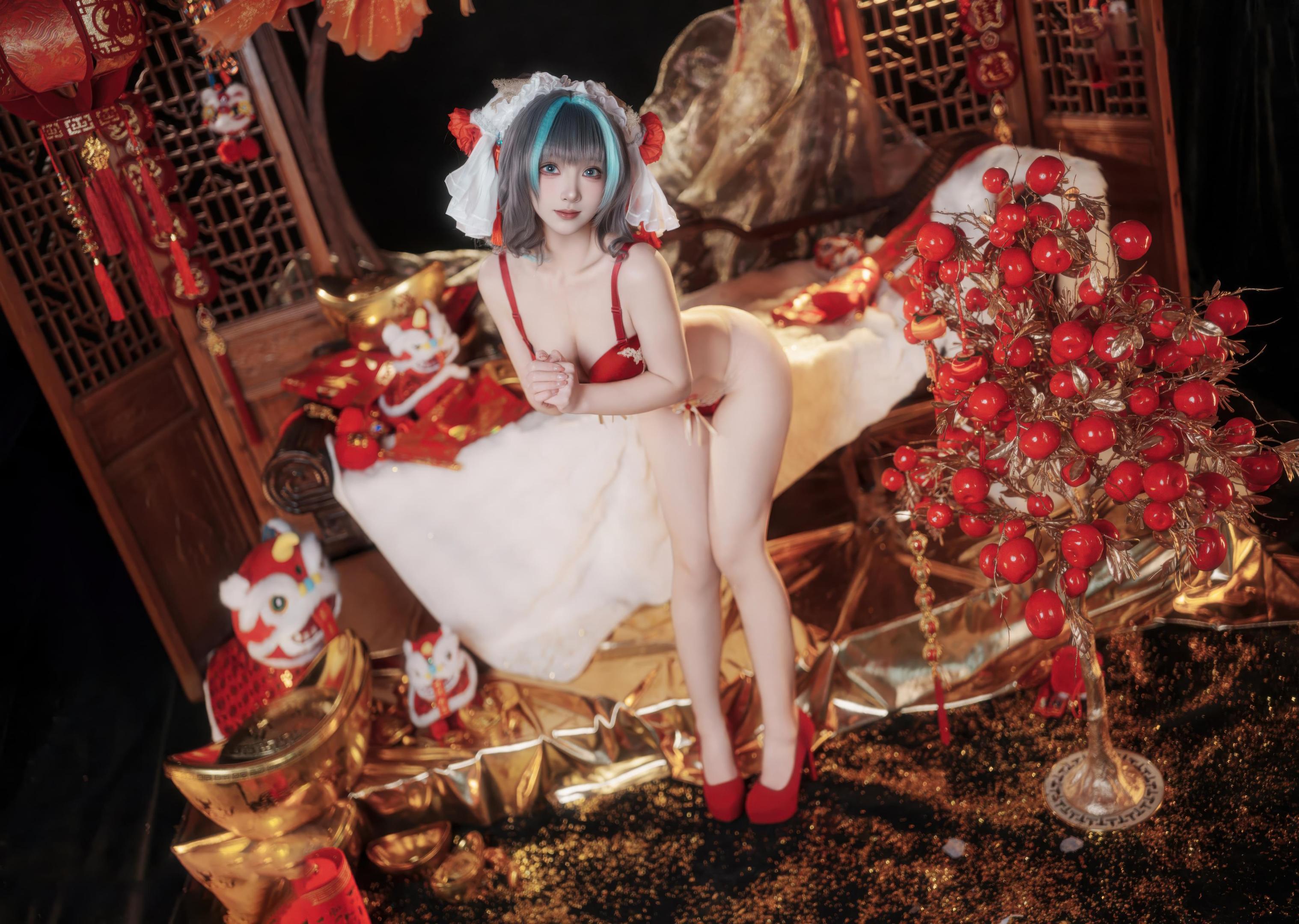 [cosplay] Bangni邦尼 - 碧藍航線 柴郡 新春：紅色旗袍白絲 露穴露臀還原 66P7V