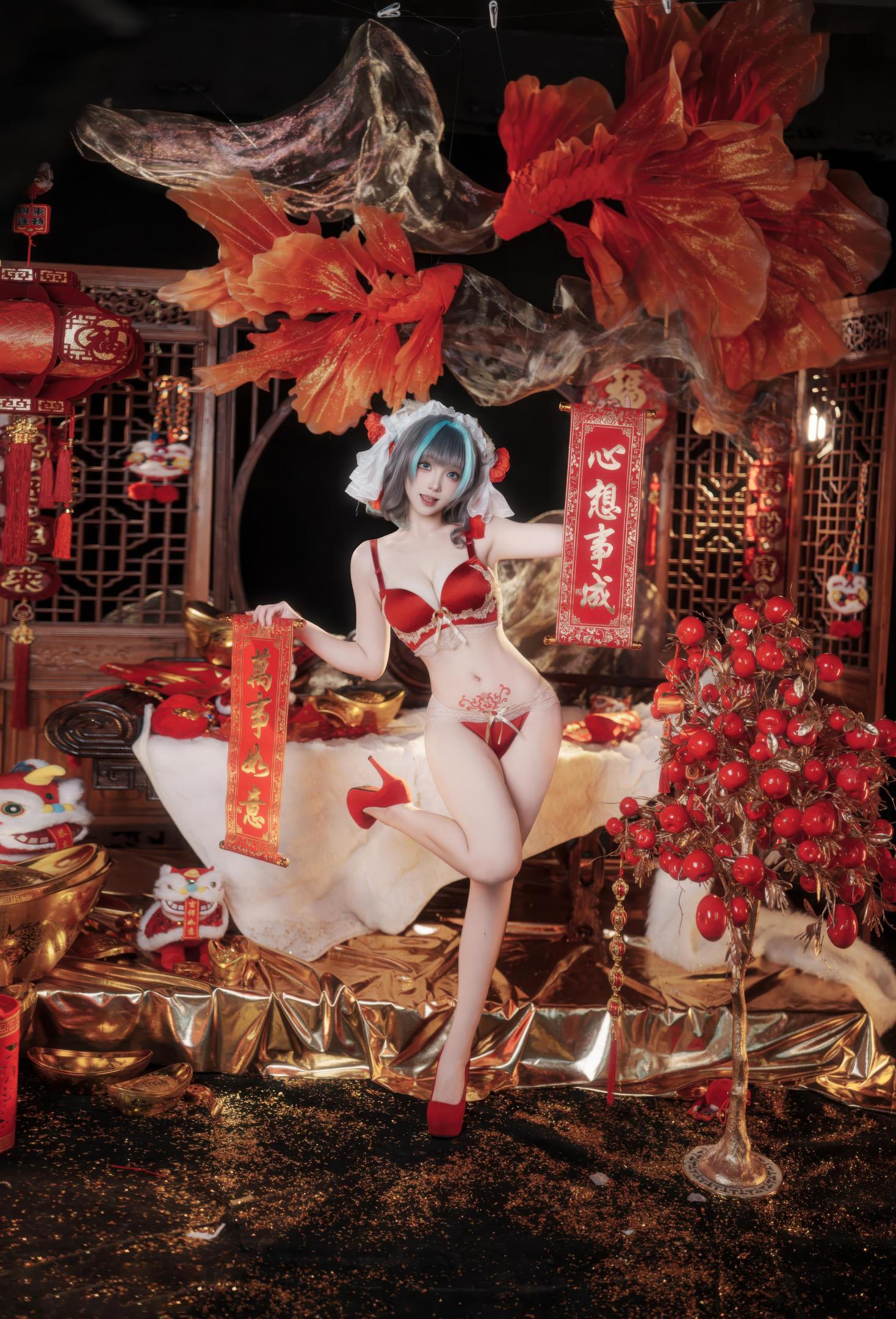 [cosplay] Bangni邦尼 - 碧藍航線 柴郡 新春：紅色旗袍白絲 露穴露臀還原 66P7V