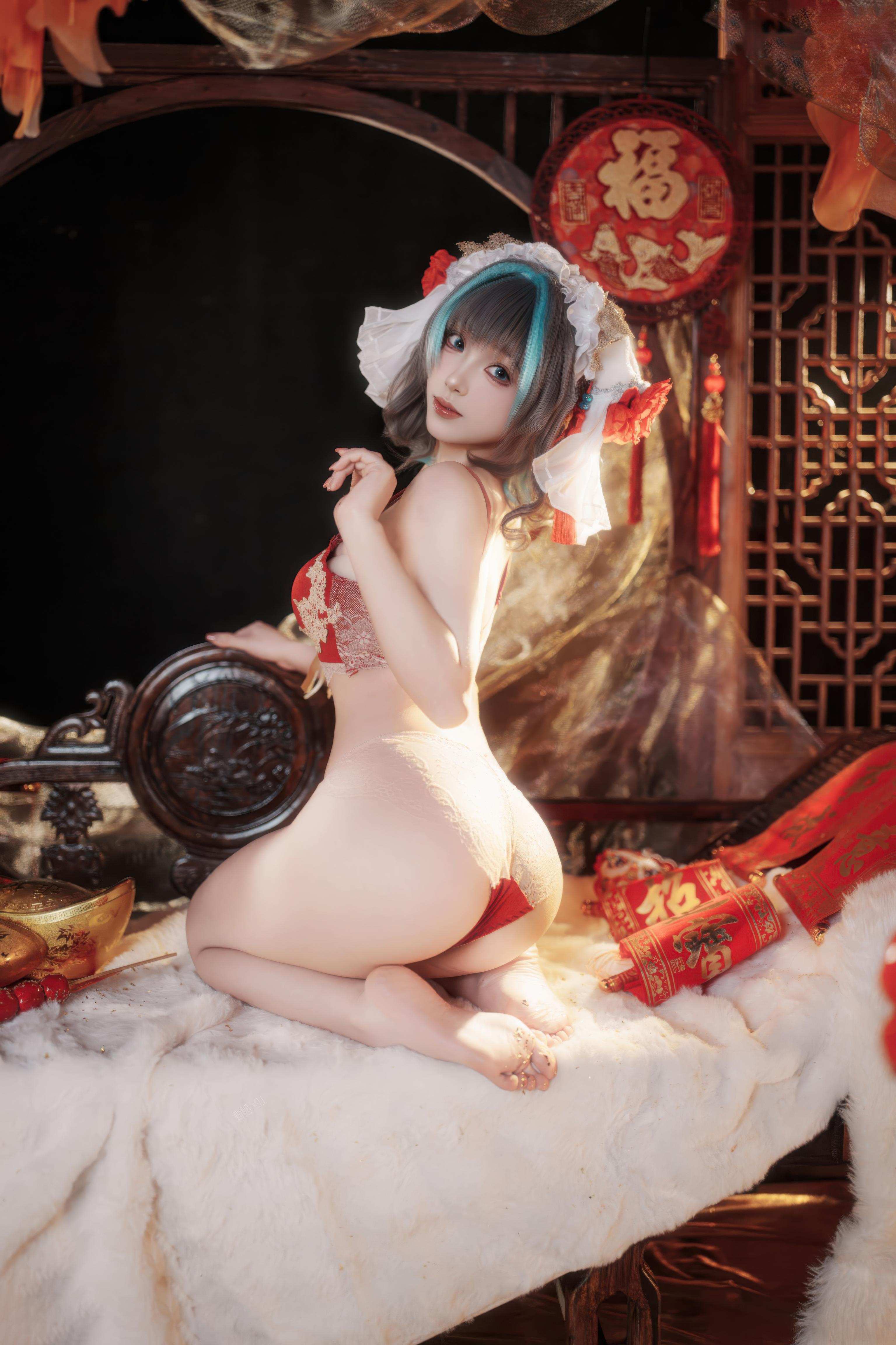 [cosplay] Bangni邦尼 - 碧藍航線 柴郡 新春：紅色旗袍白絲 露穴露臀還原 66P7V