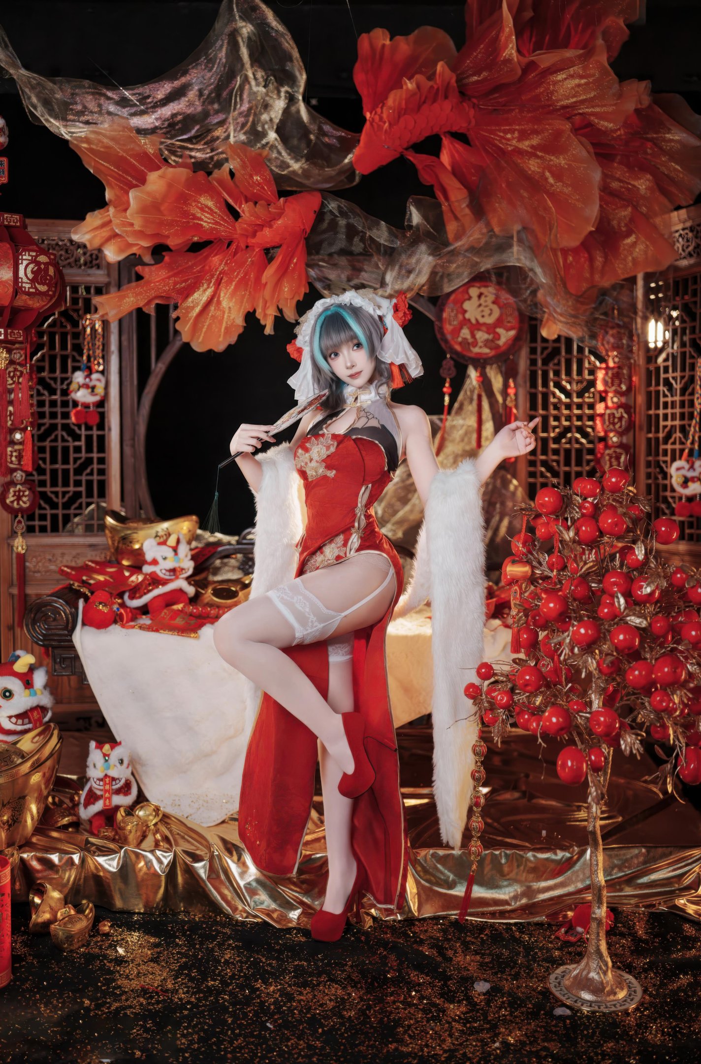 '[cosplay] Bangni邦尼 - 碧蓝航线柴郡 Tết Nguyên Đán: Áo Dài Đỏ, Tất Trắng, Khỏa Thân 66P7V'