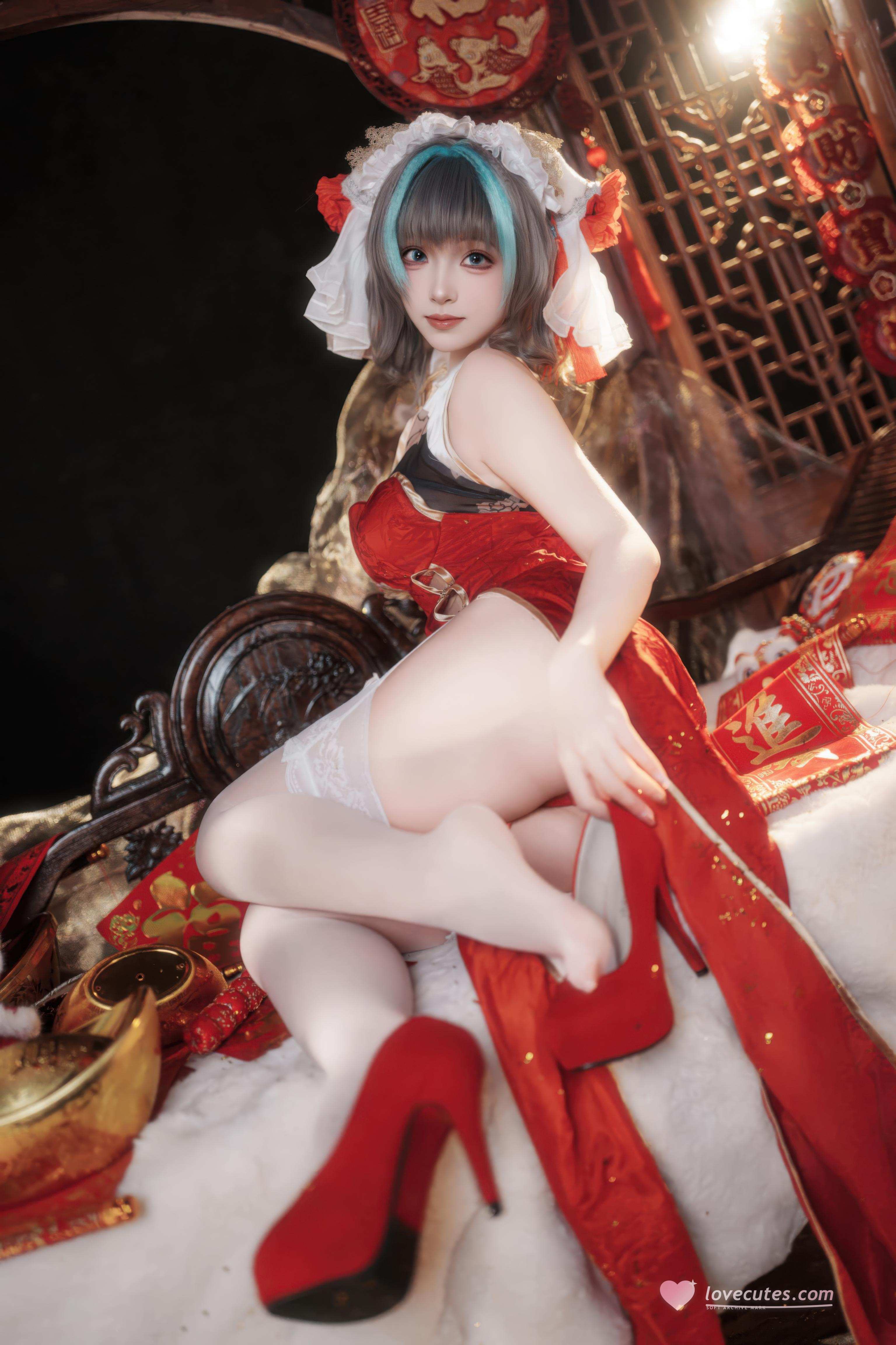 '[cosplay] Bangni邦尼 - 碧蓝航线柴郡 Tết Nguyên Đán: Áo Dài Đỏ, Tất Trắng, Khỏa Thân 66P7V'