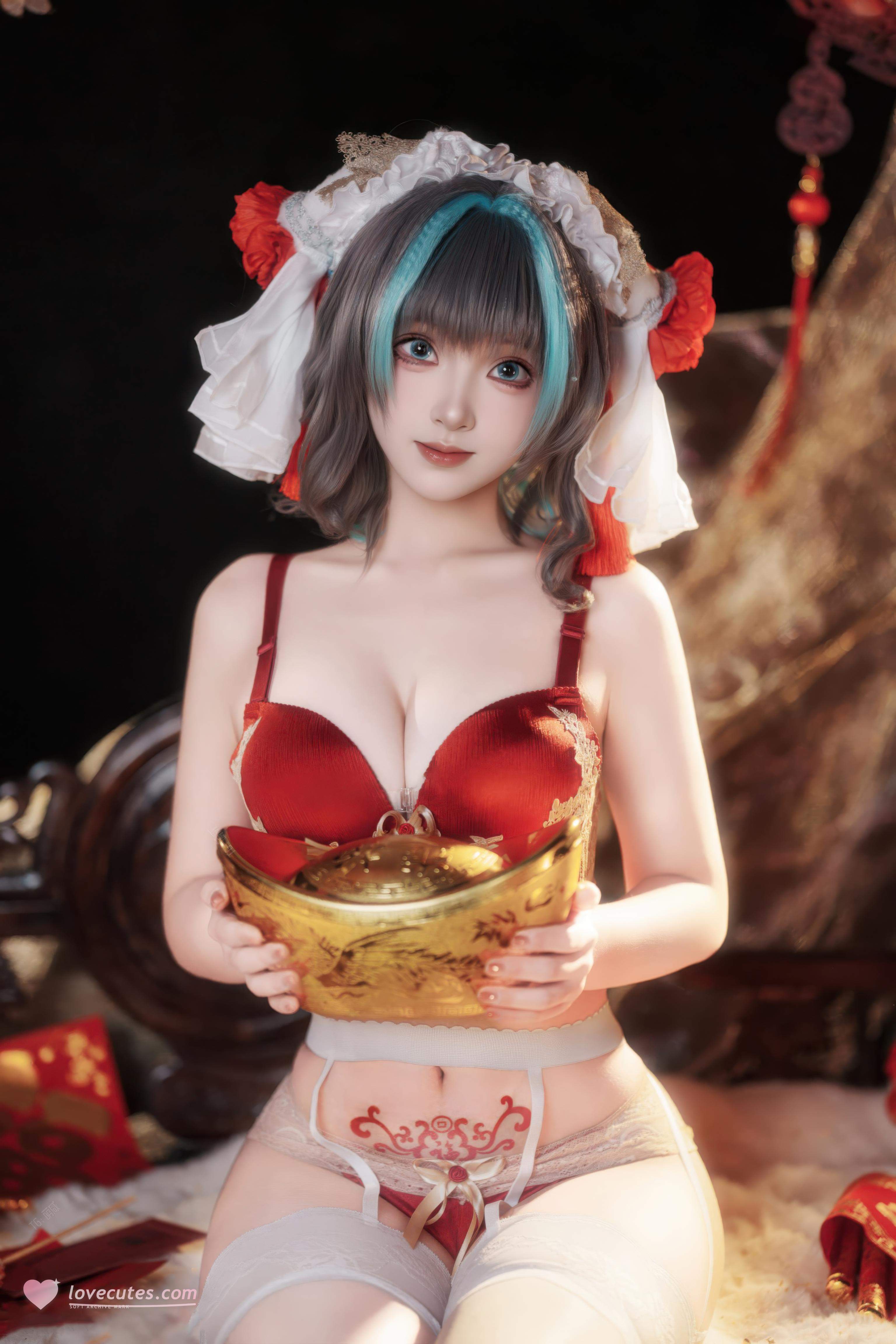 【コスプレ】Bangni邦尼 - 碧蓝航线 柴郡 新春：赤い旗袍と白いストッキングで露穴露臀再現 66P7V