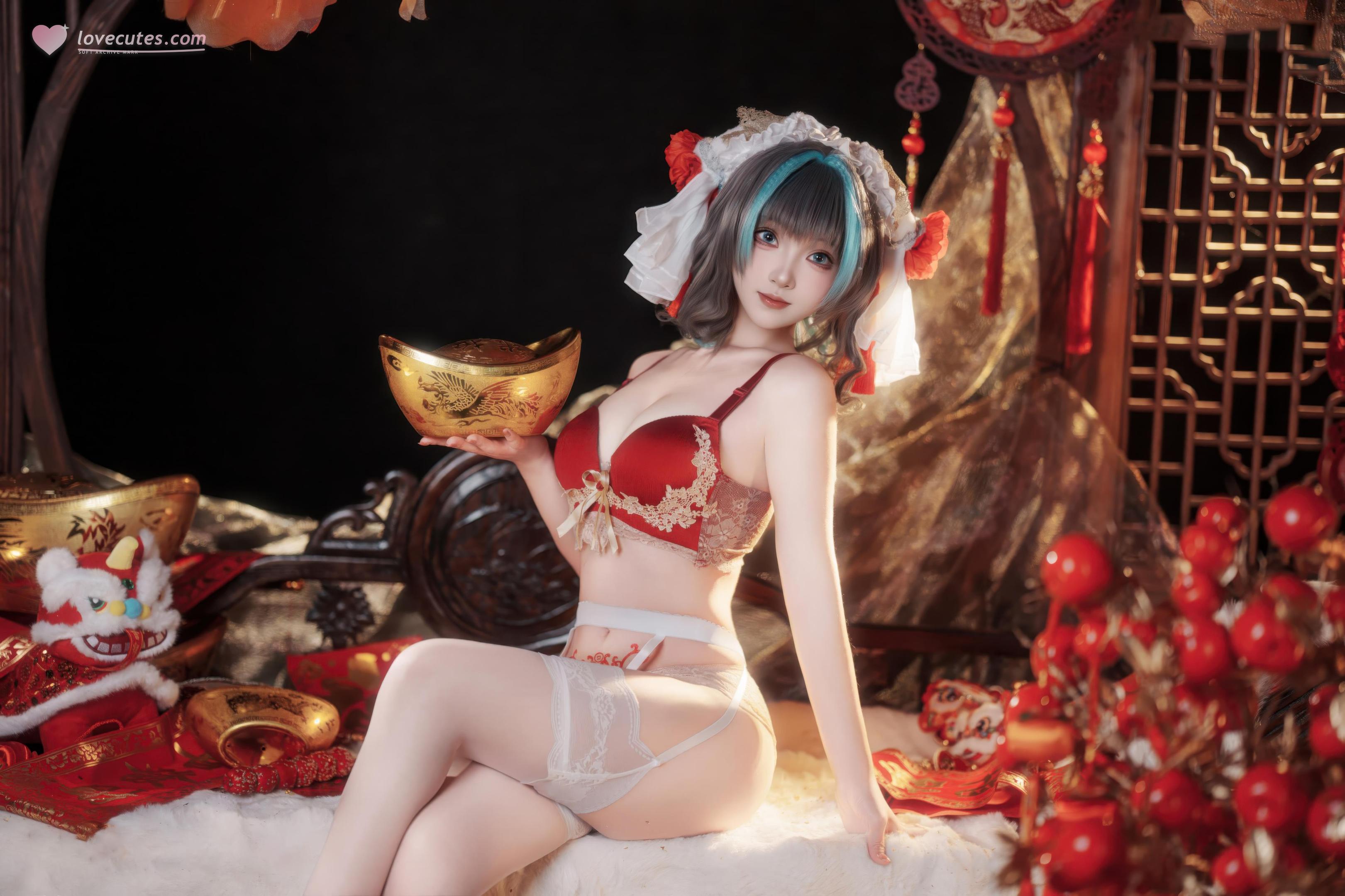 【コスプレ】Bangni邦尼 - 碧蓝航线 柴郡 新春：赤い旗袍と白いストッキングで露穴露臀再現 66P7V
