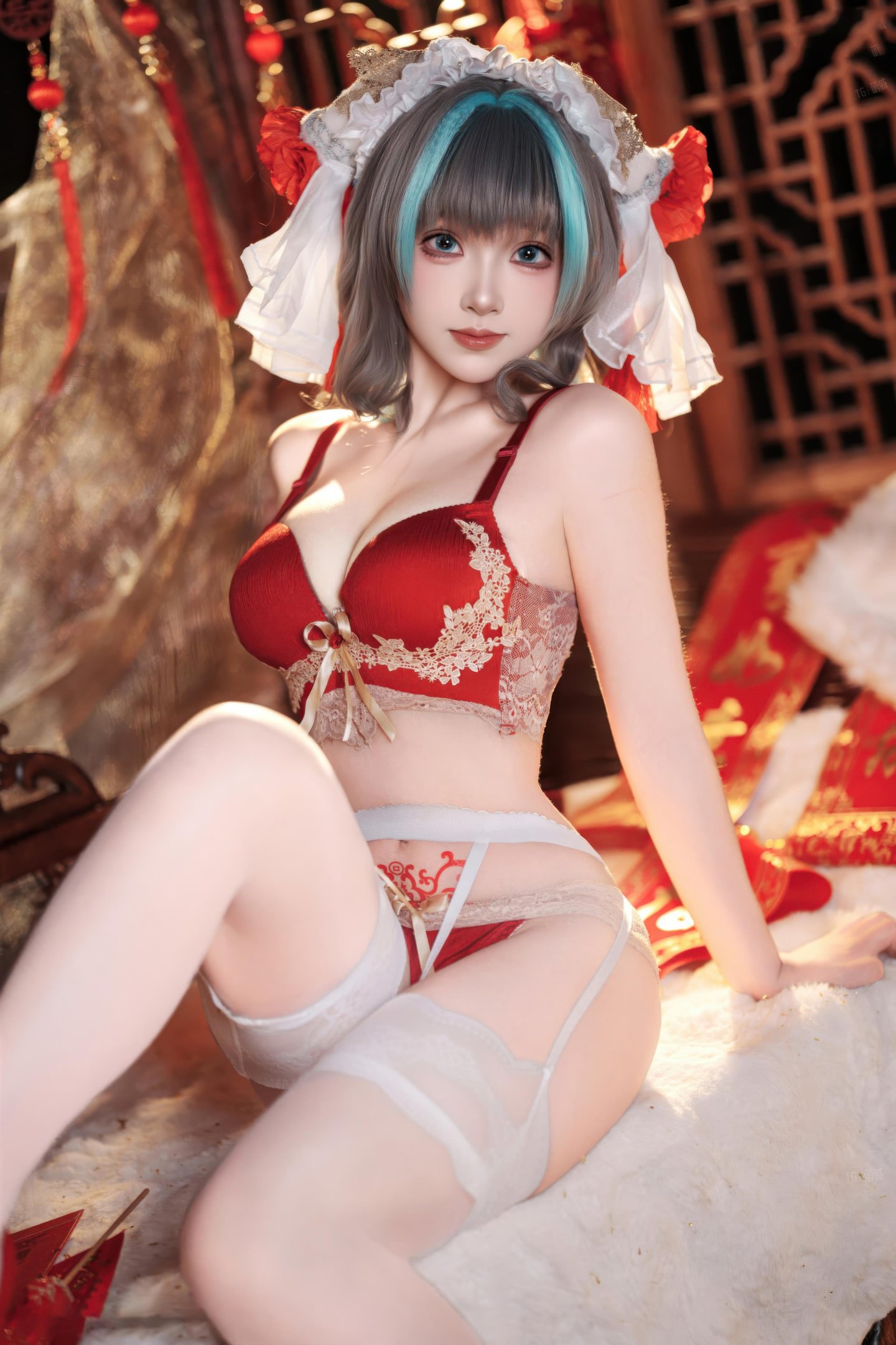 【コスプレ】Bangni邦尼 - 碧蓝航线 柴郡 新春：赤い旗袍と白いストッキングで露穴露臀再現 66P7V